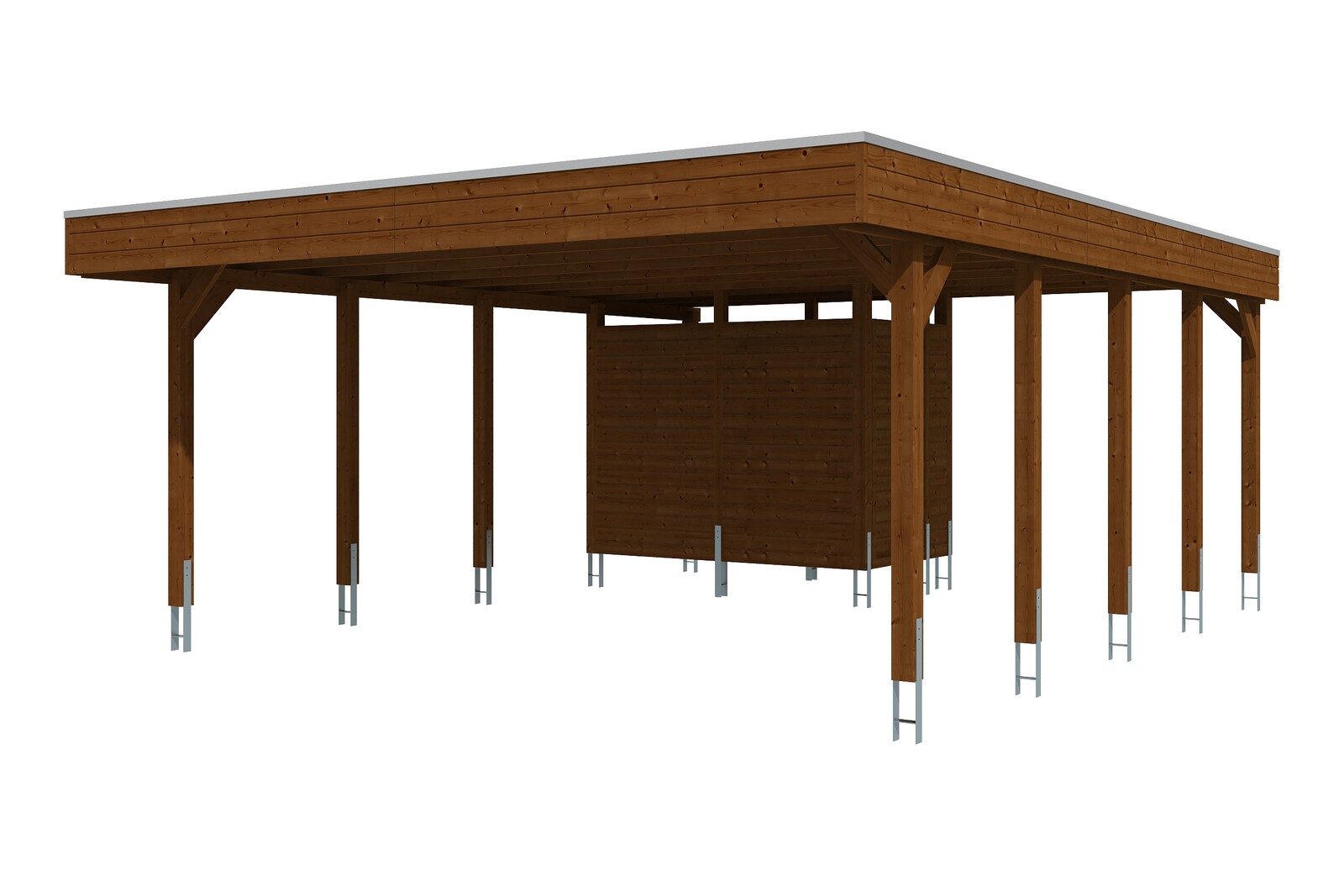 Carport FRIESLAND 557x708cm Set 4, avec remise C7, bois résineux imprégné, traitement coloré noyer