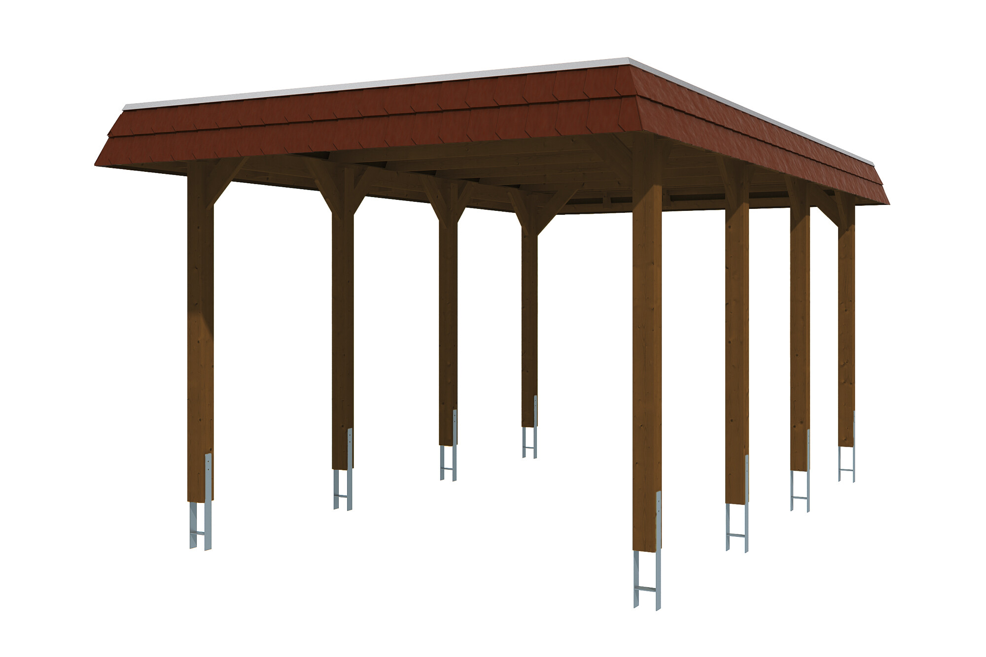 Carport Spreewald 345 x 589 cm with aluminium roof, red fascia, colour pre-treated walnut