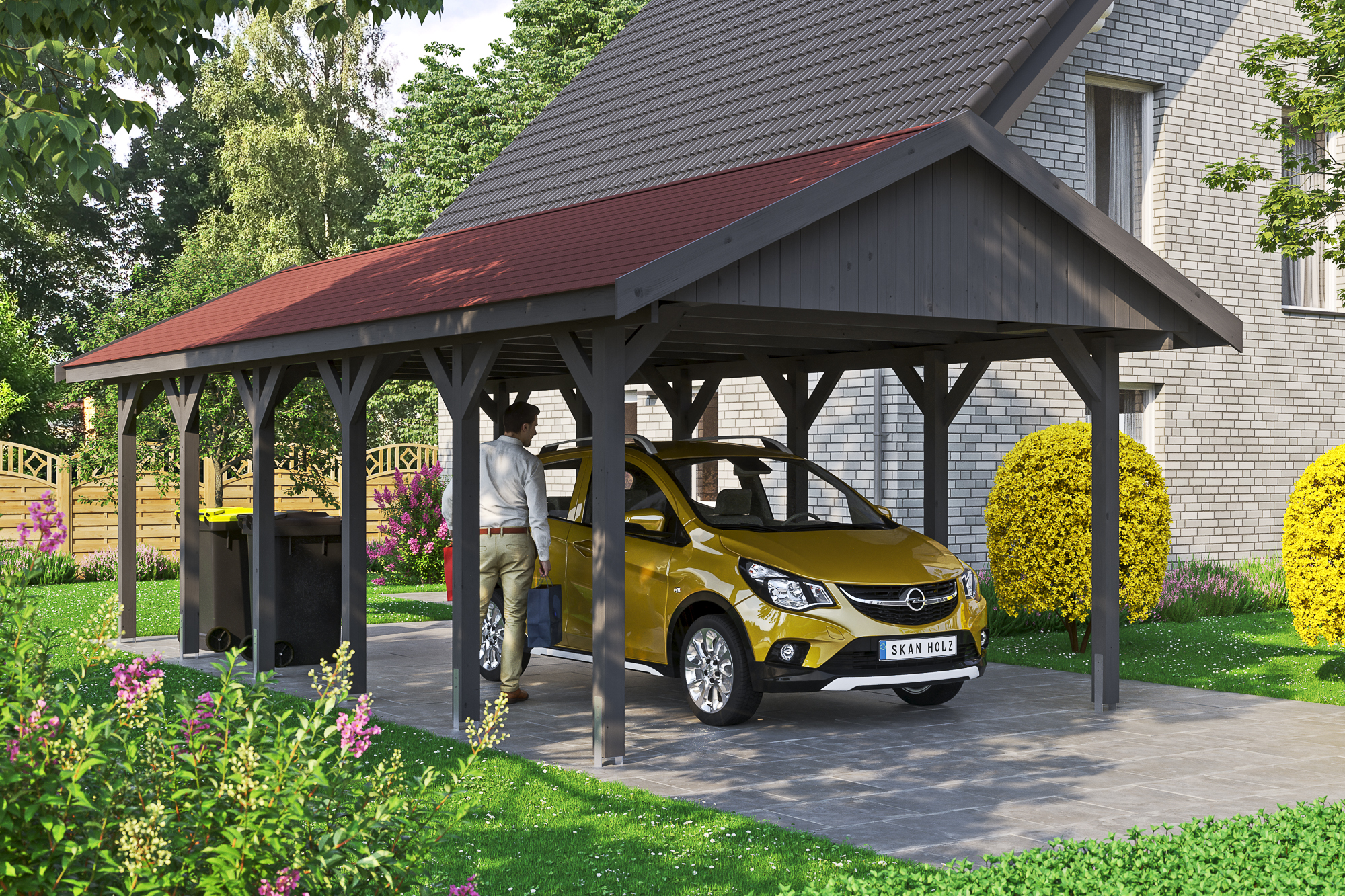 Ambientebild: Carport Wallgau 430 x 900 cm, mit roten Dachschindeln, farblich behandelt in schiefergrau