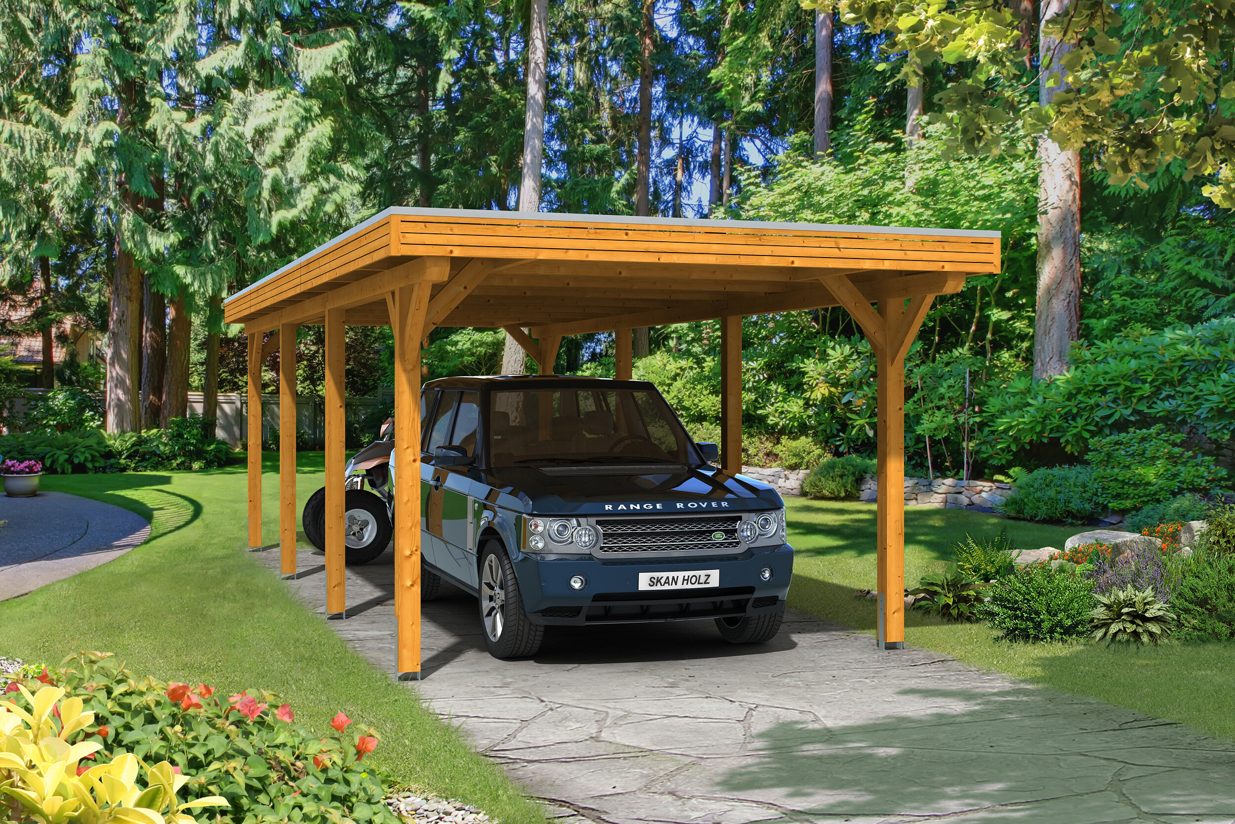 Carport Spessart 355 x 846 cm, gelakt in licht eiken, met Aluminium dakplaten