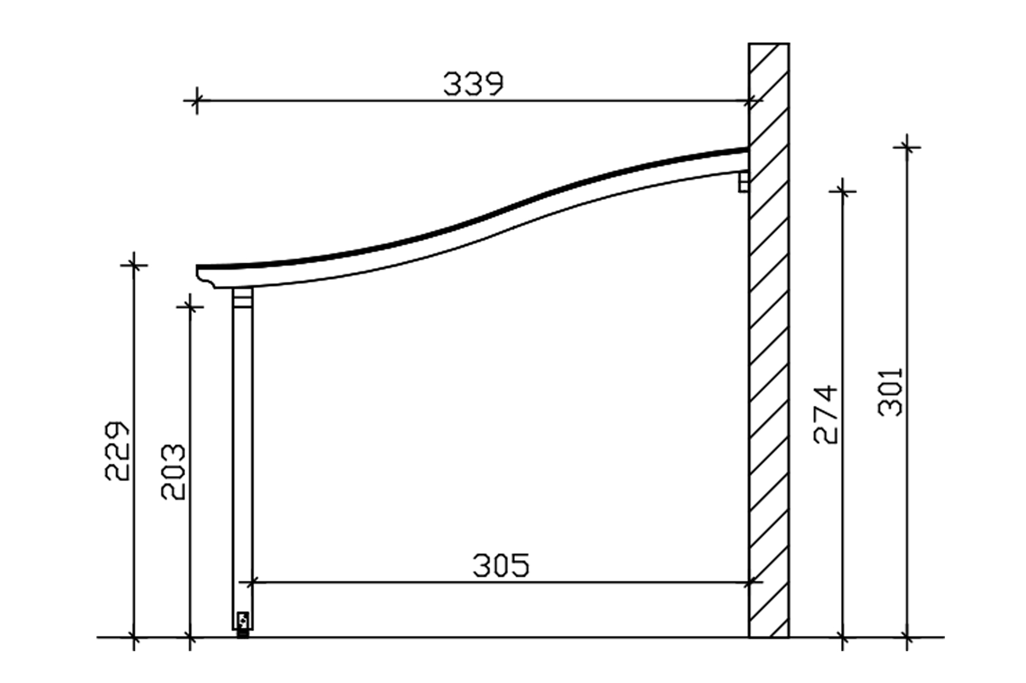 Grafik (Schnitt): Terrassenüberdachung Venezia, Tiefe 339 cm