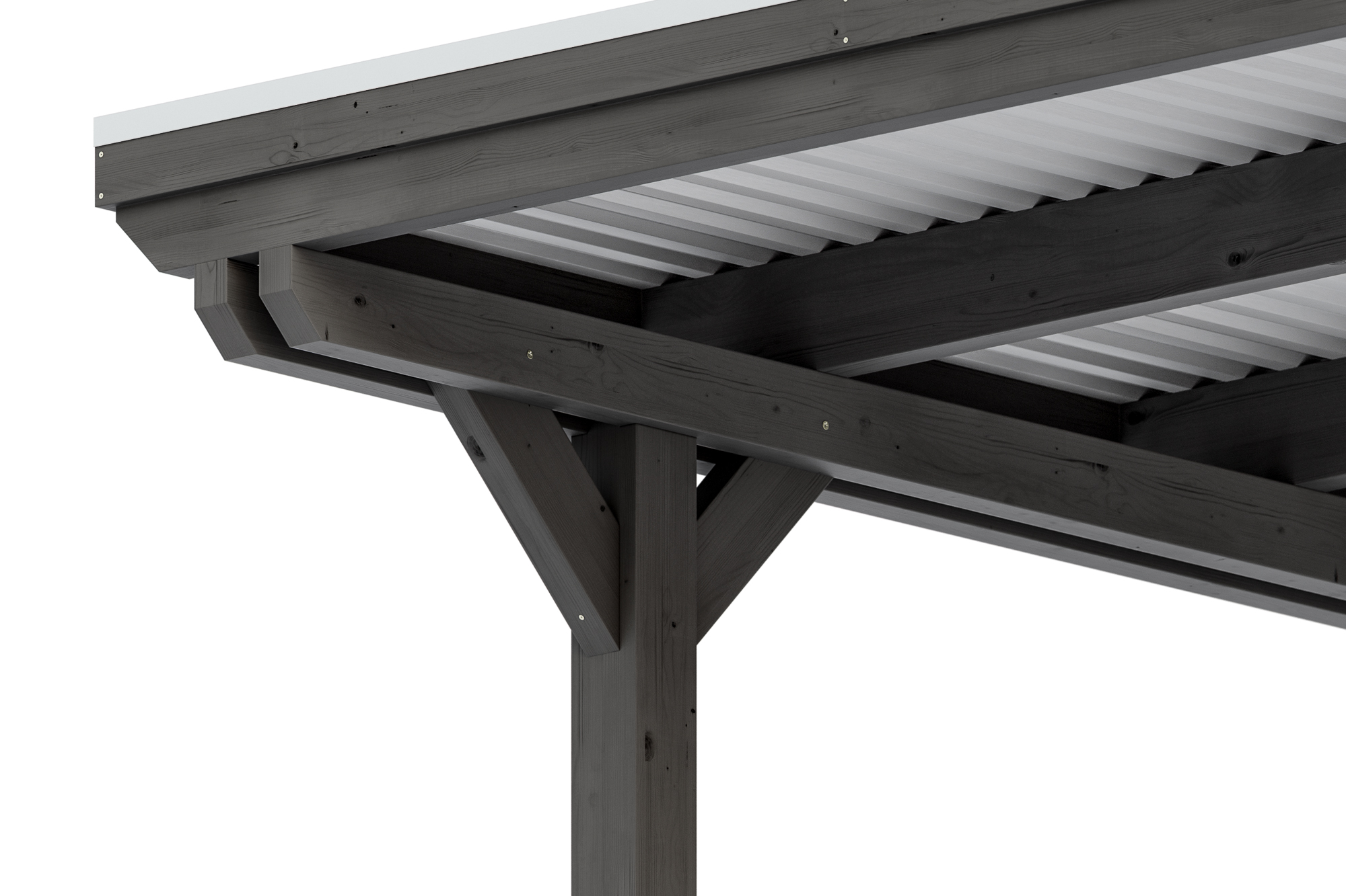 Detailbild: Konstruktion beim Carport Emsland von unten (Pfosten, Doppelpfette, Dachplatten und Blende mit Aluminiumabschlusskante), farblich behandelt in schiefergrau