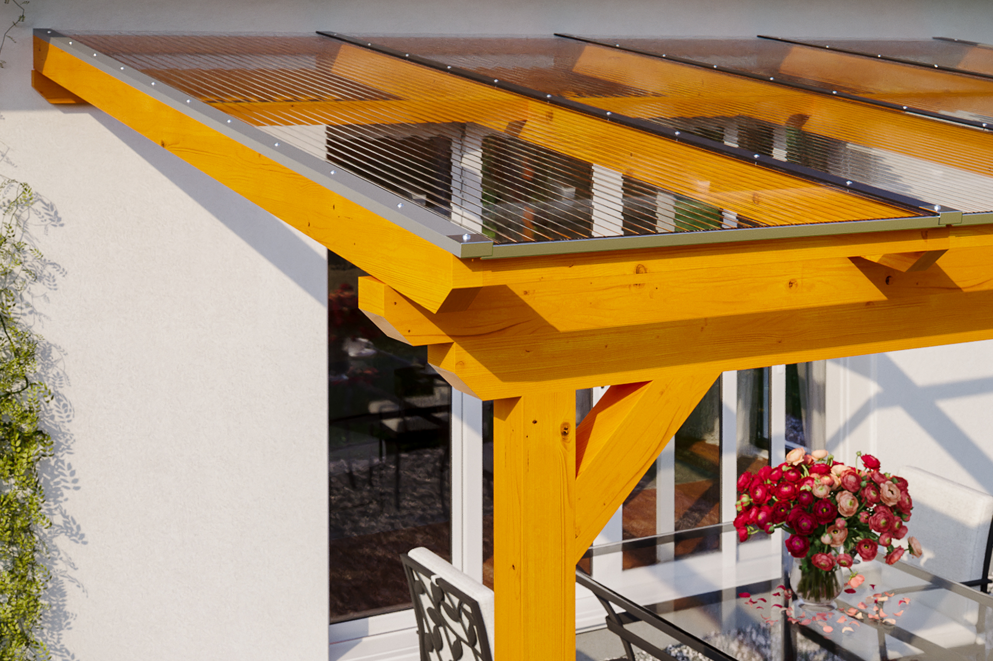 Terrasoverkapping Ancona 434 x 300 cm, gelamineerd hout, gelakt in licht eiken