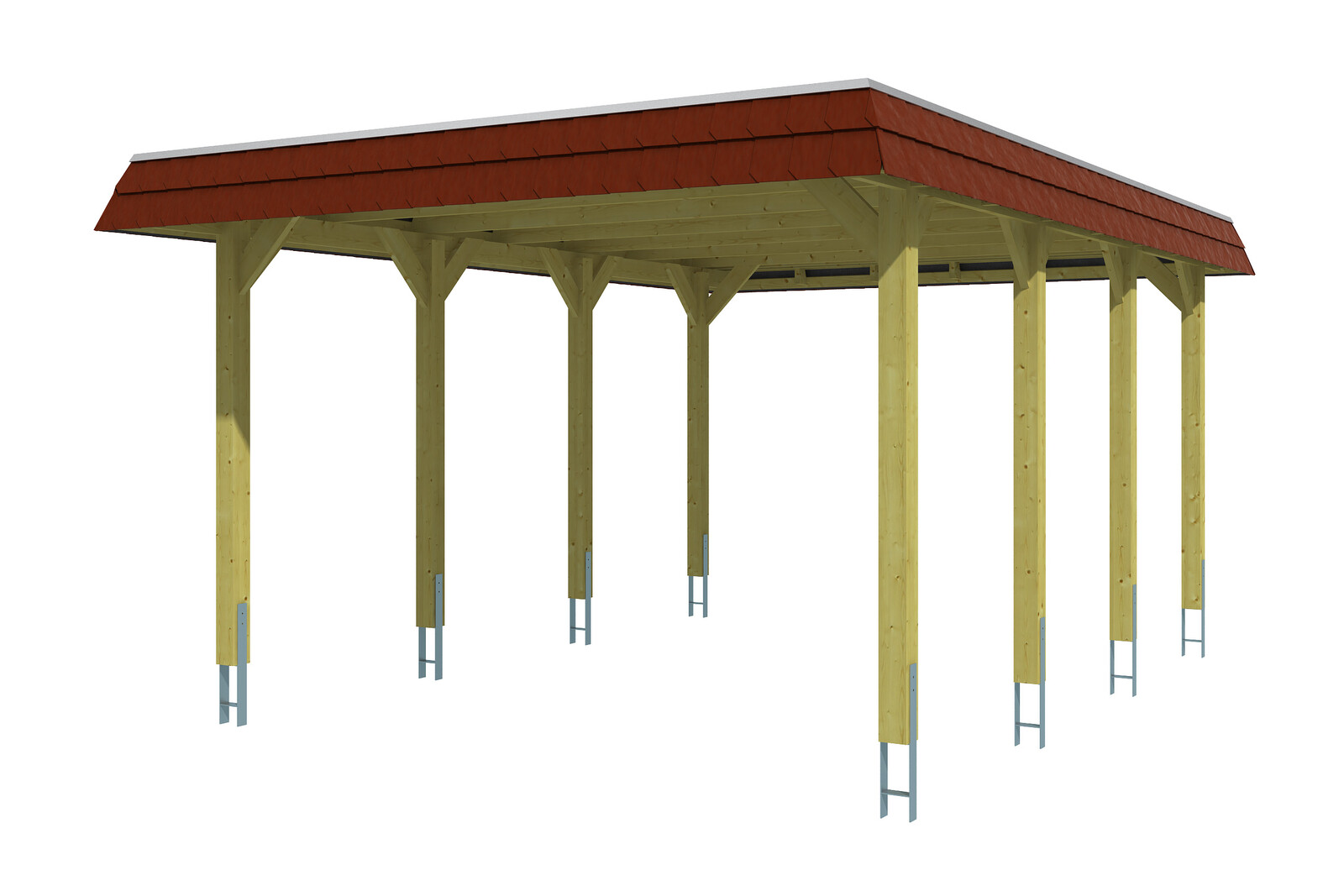 Carport Spreewald 396 x 589 cm mit EPDM-Dach, rote Blende, nussbaum