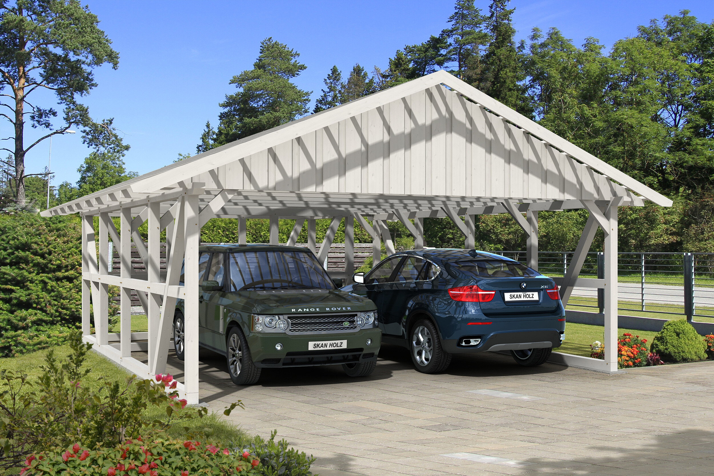 Carport Schwarzwald 684 x 772 cm with storage room 2, colour pre-treated white