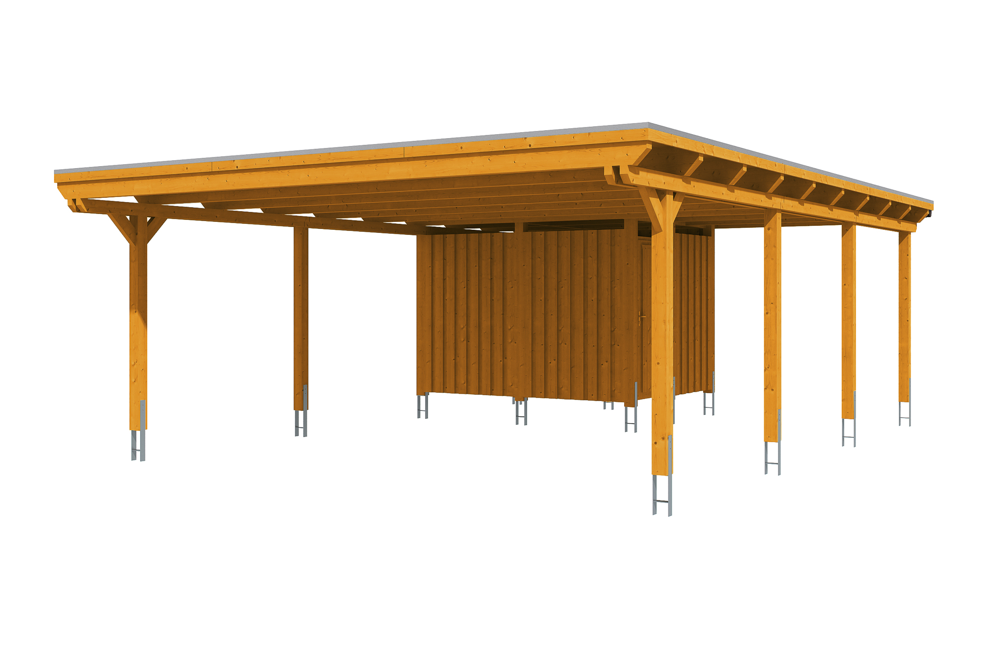 Carport Emsland 613 x 846 cm met bergruimte, gelakt in licht eiken, met dakbetimmering en EPDM-folie
