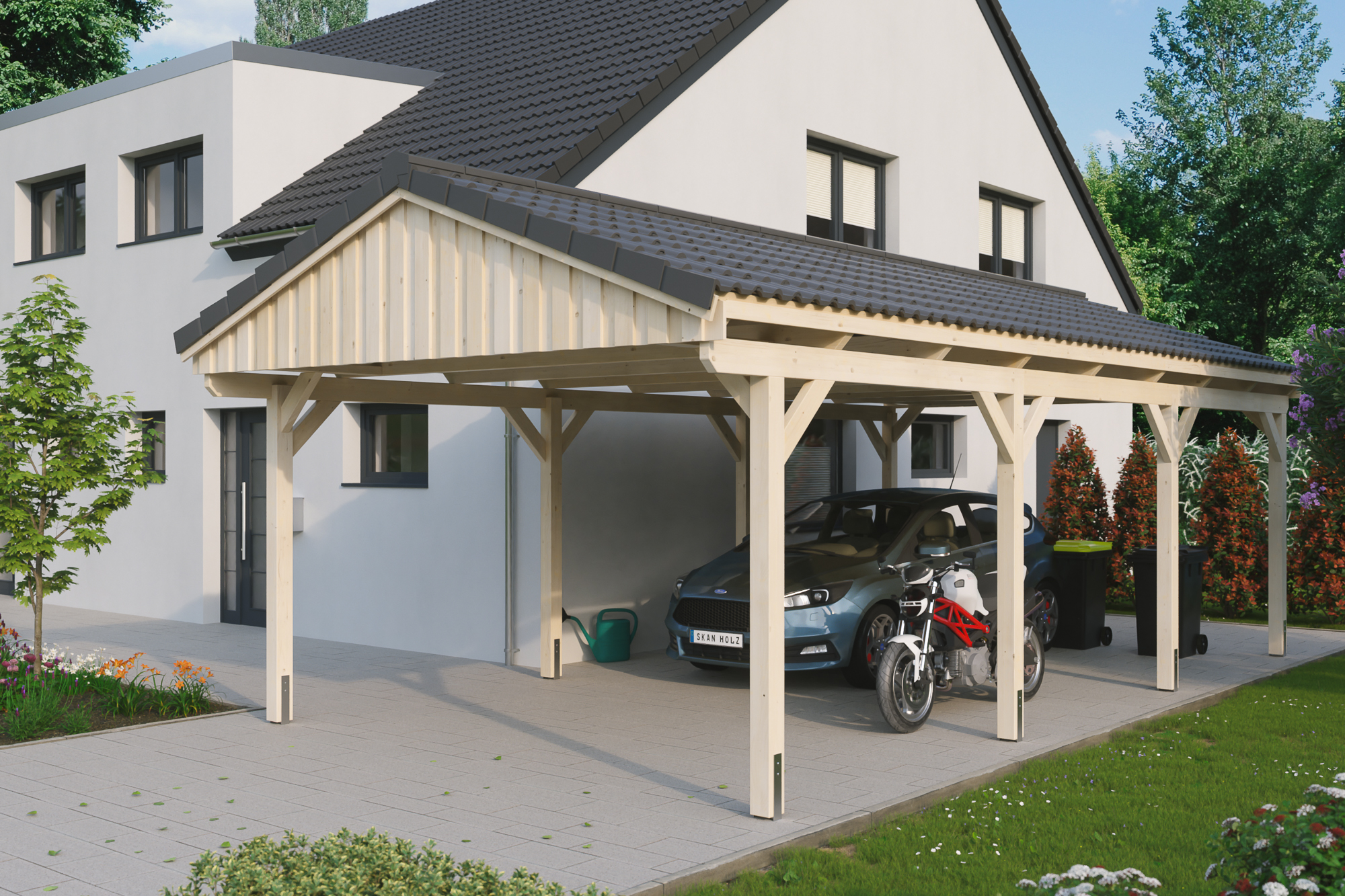 Ambientebild: Carport Fichtelberg 423 x 808 cm, natur, mit Dachziegeln