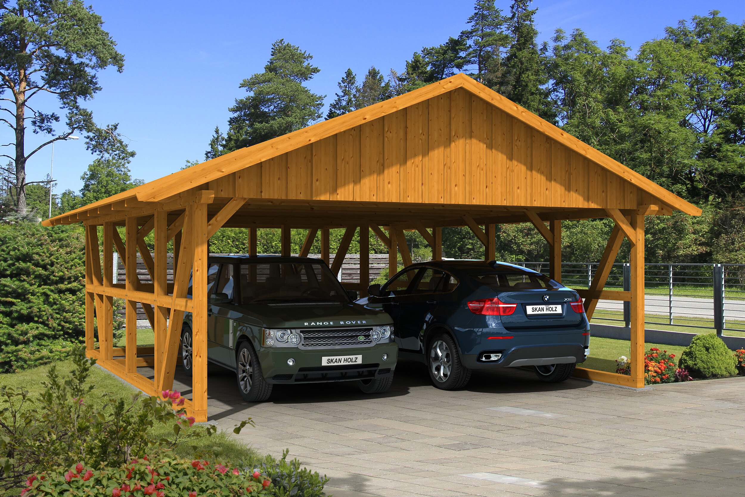 Carport SCHWARZWALD 684x772cm avec remise 417x160cm, planches de toit, KVH-bois d'épinette, traitement coloré chêne clair