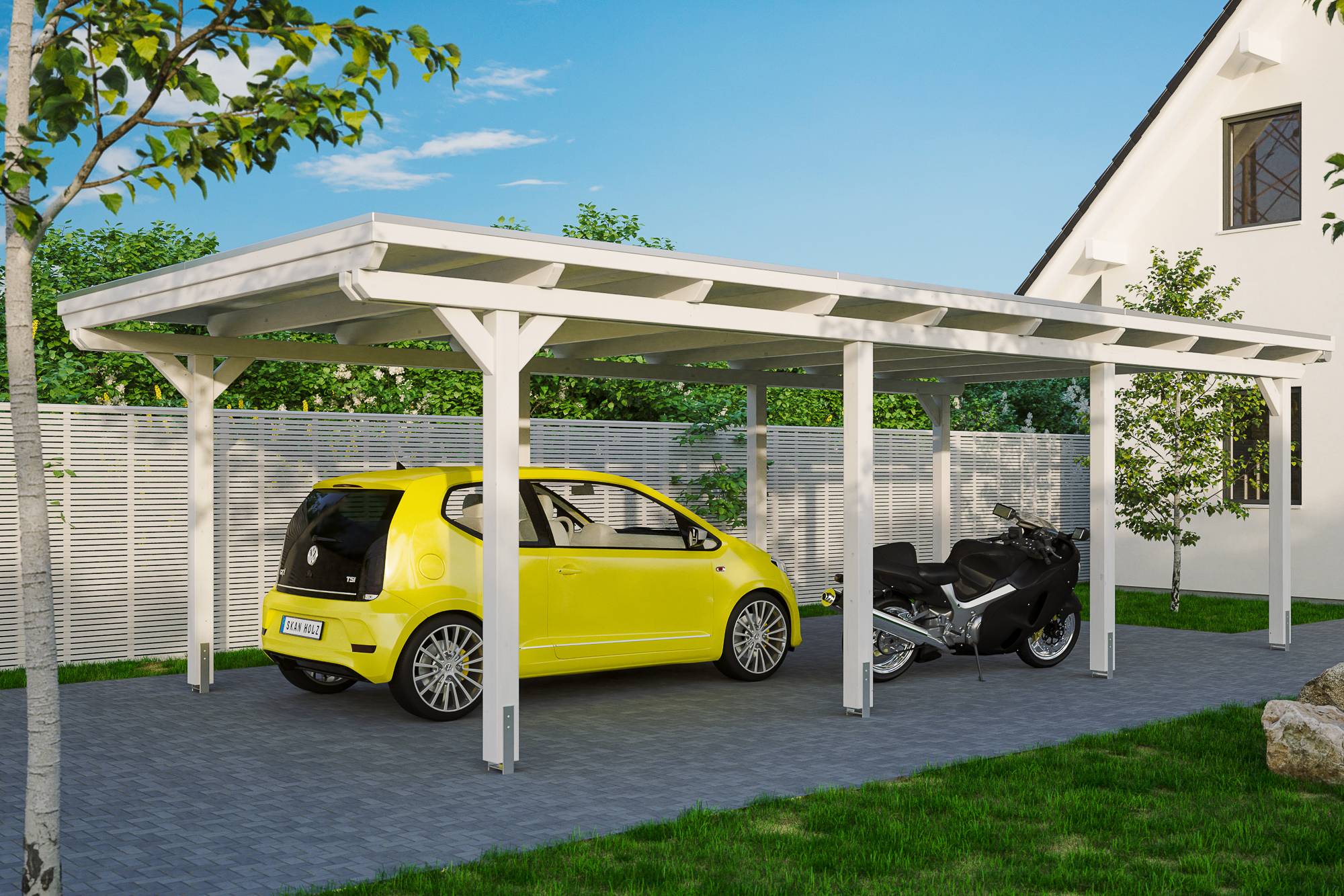 Ambientebild: Carport Emsland 404 x 846 cm, farblich behandelt in weiß