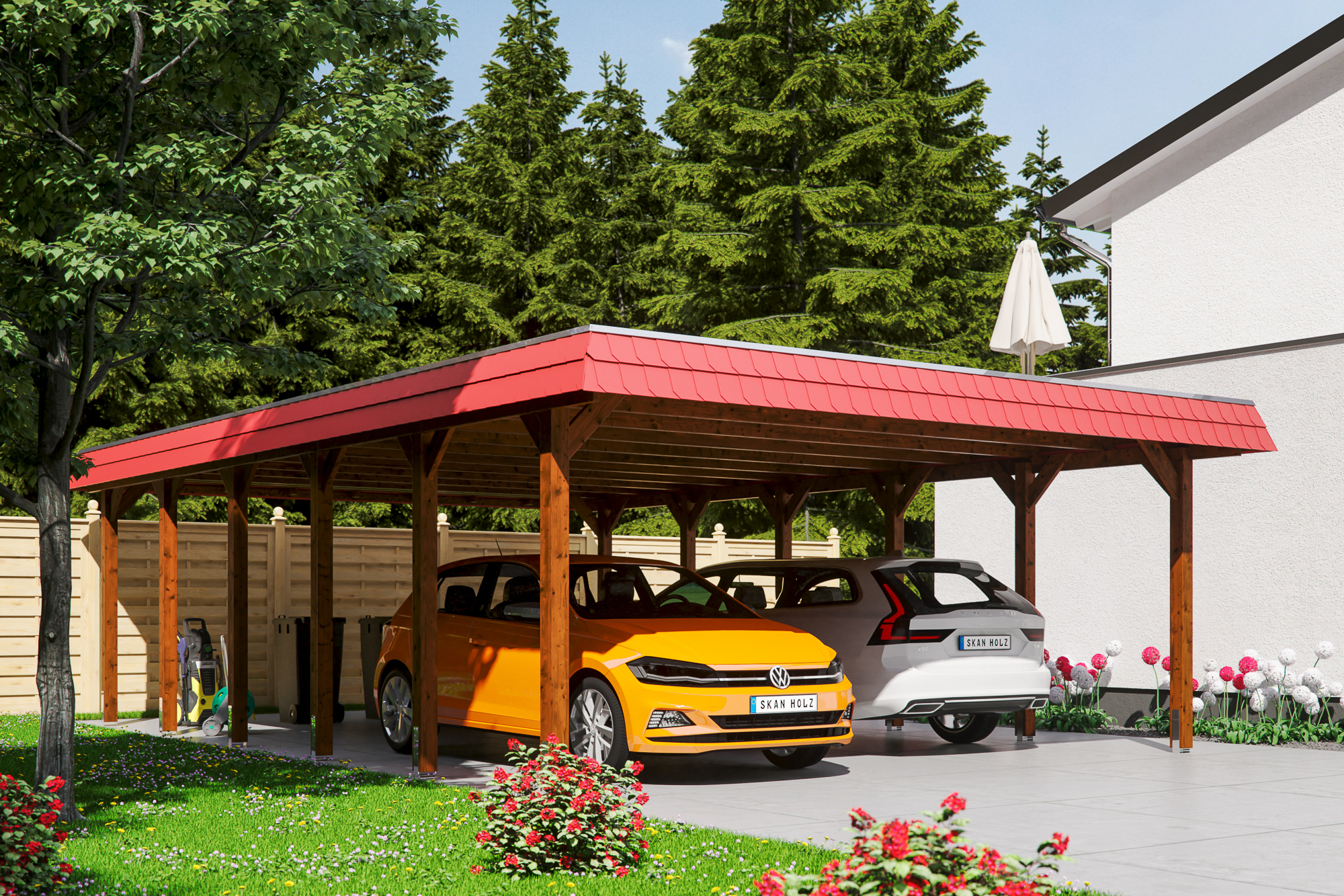 Ambientebild: Carport Spreewald 585 x 893 cm mit roter Blende, farblich behandelt in nussbaum