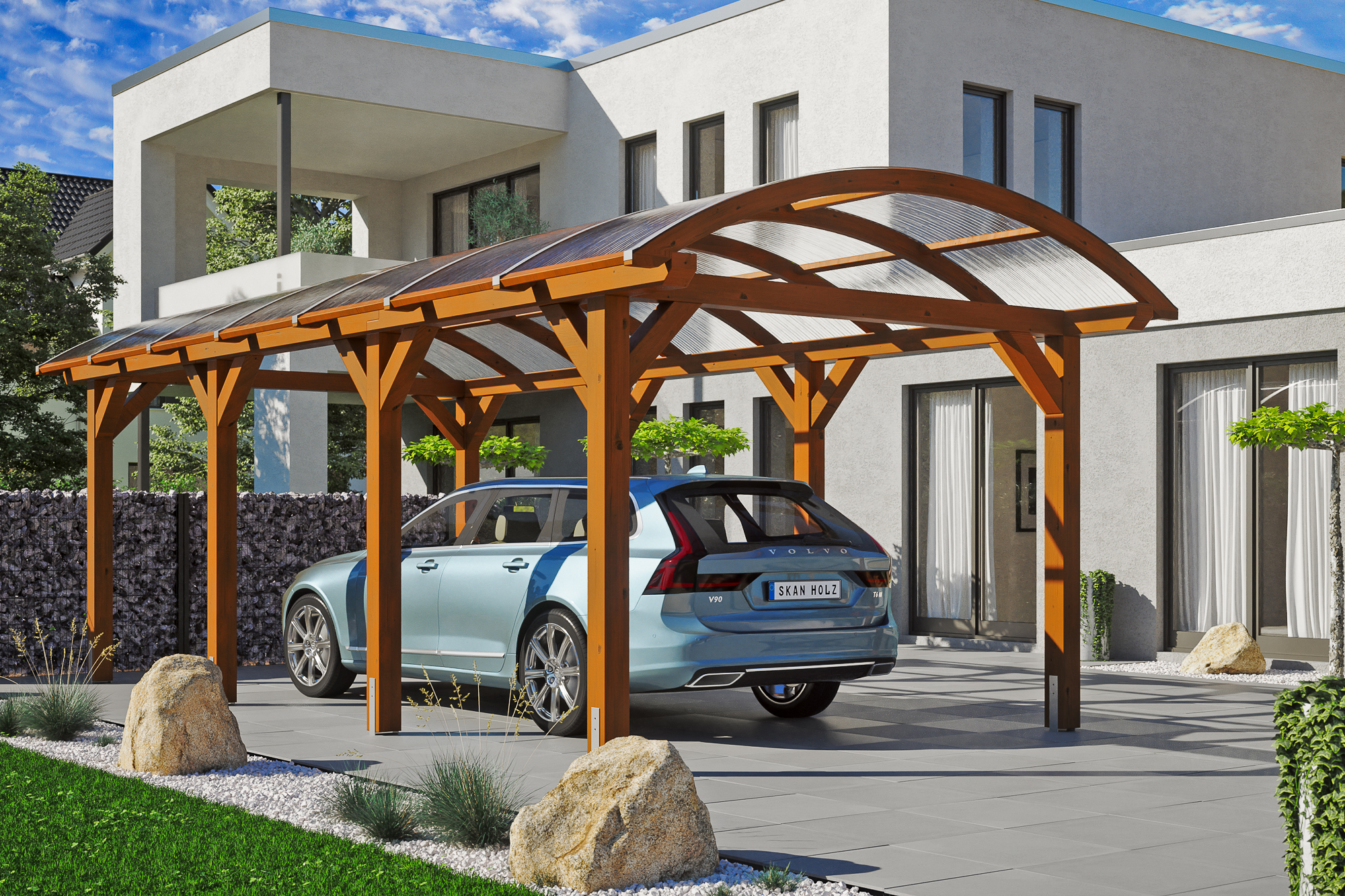 Ambientebild: Carport Franken 376 x 755 cm, farblich behandelt in nussbaum