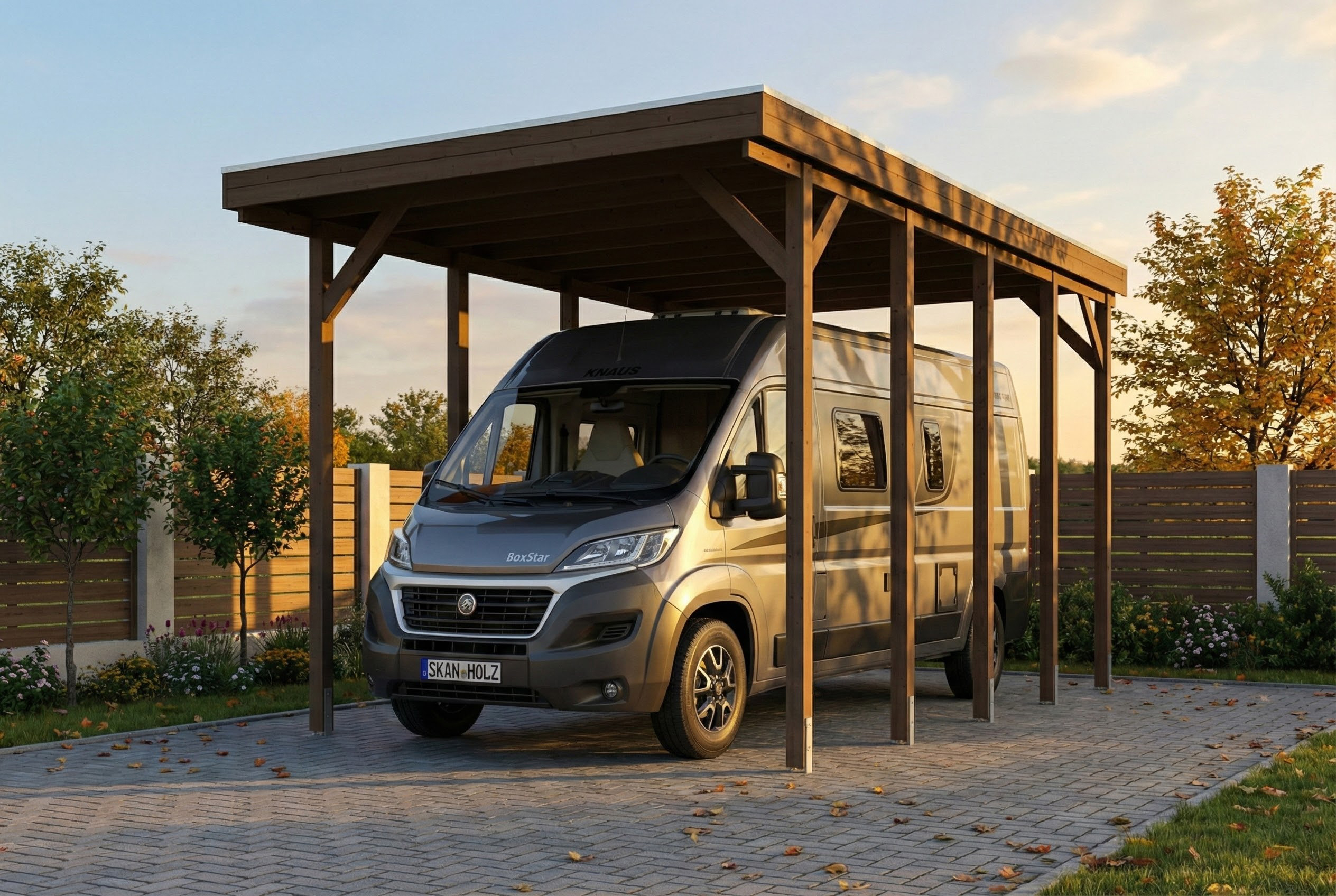 Friesland carport 402 x 708 cm, met dakplaten, walnoot