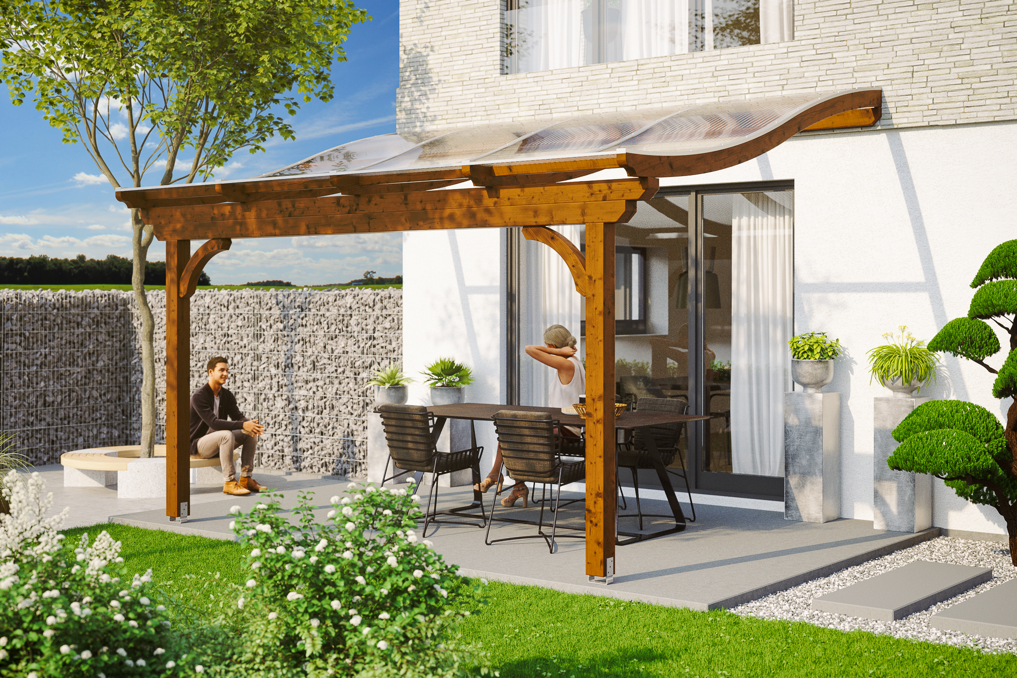 Ambientebild: Terrassenüberdachung Verona, Breite 434 cm, farblich behandelt in nussbaum