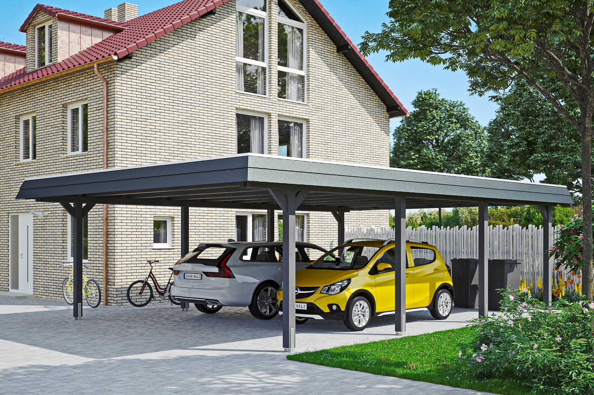 Ambientebild: Carport Wendland 630 x 879 cm, mit schwarzer Blende, farblich behandelt in schiefergrau