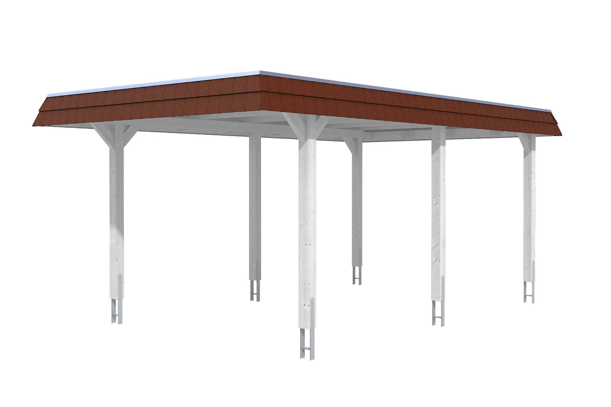Produktbild: Carport Wendland 362 x 628 cm, mit roter Blende, farblich behandelt in weiß