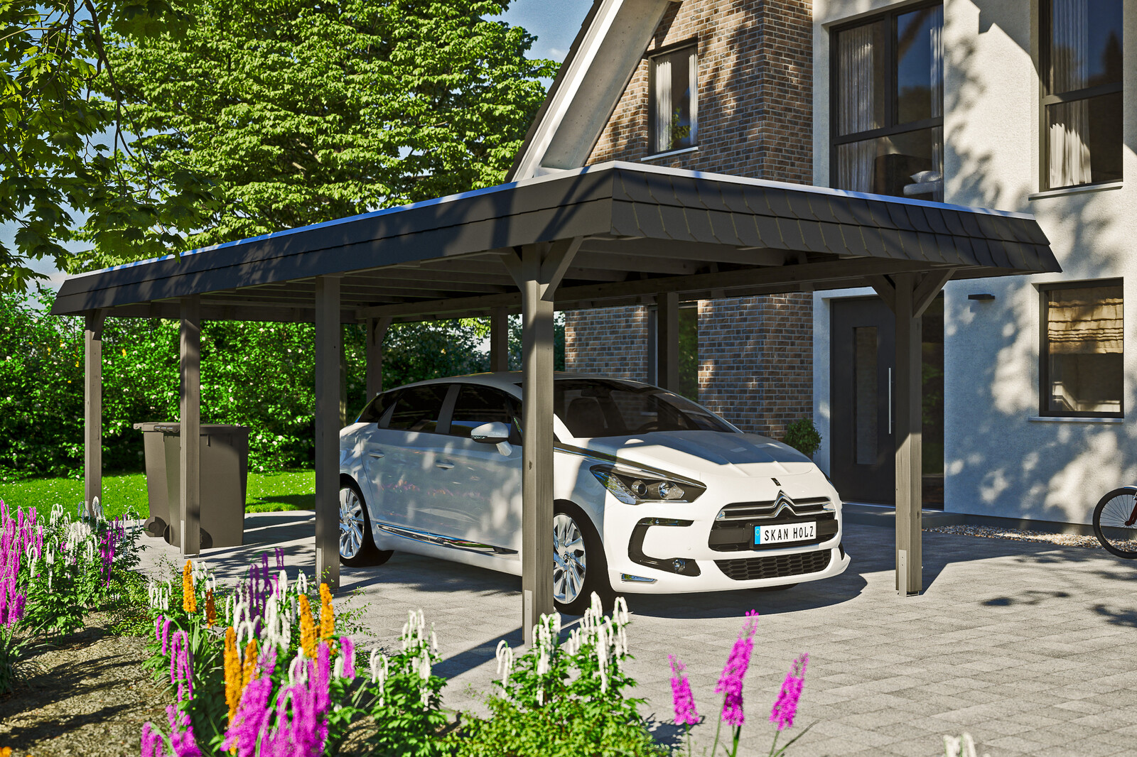 Carport Wendland 362 x 870 cm mit Aluminiumdach, schwarze Blende, schiefergrau