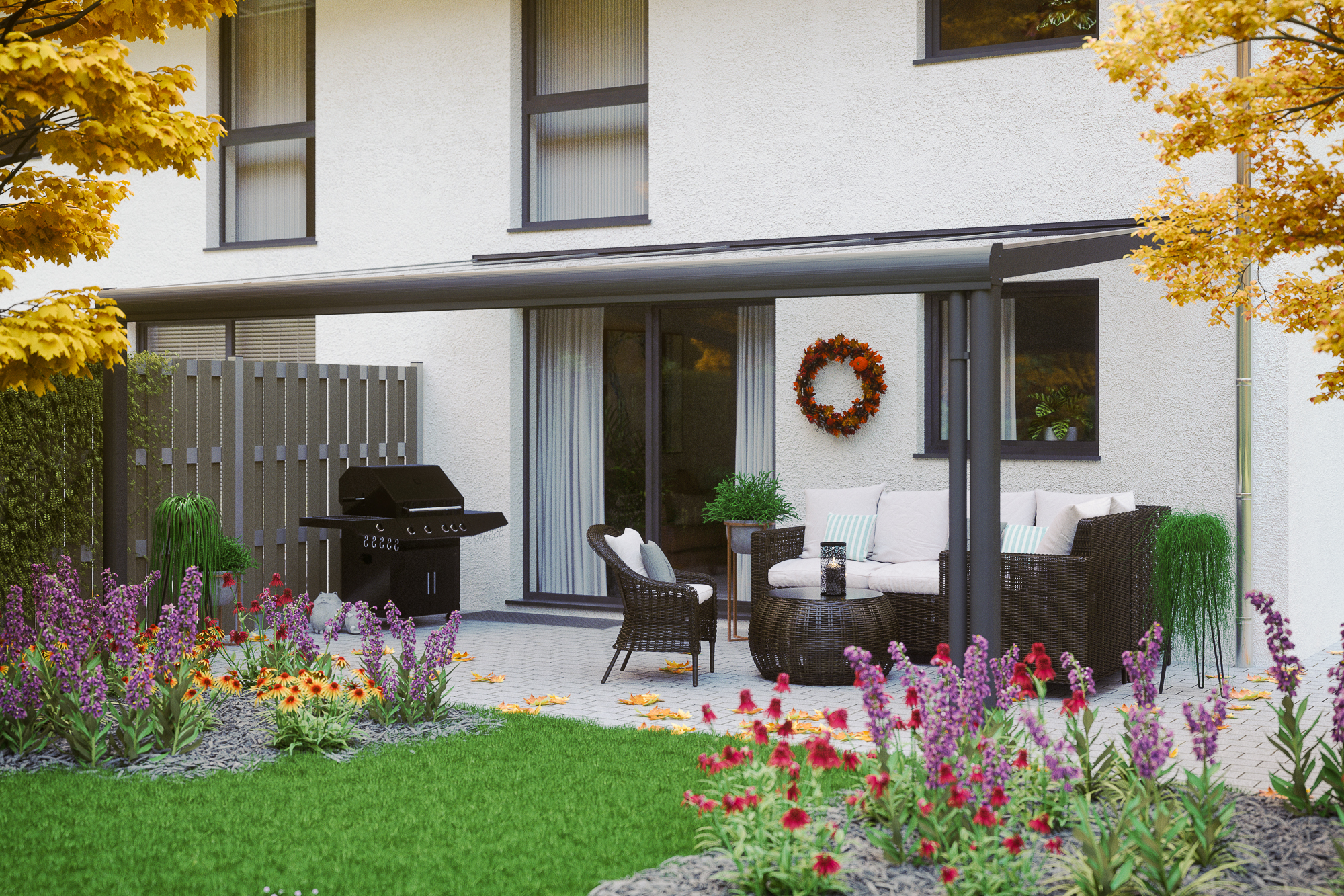 Ambientebild: Terrassenüberdachung Genua, Breite 541 cm, farblich behandelt in anthrazit