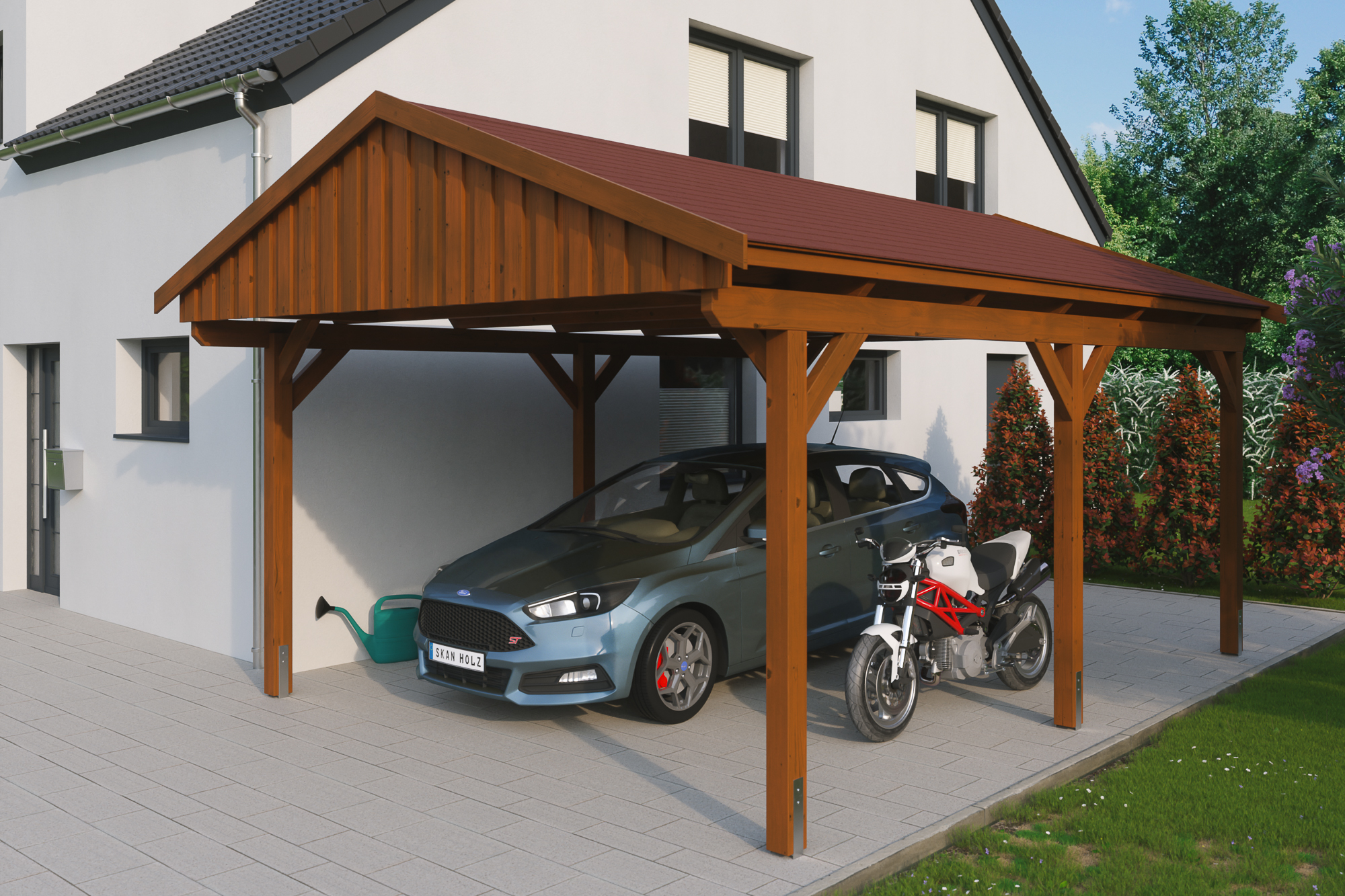 Ambientebild: Carport Fichtelberg 423 x 566 cm, farblich behandelt in nussbaum, mit roten Dachschindeln