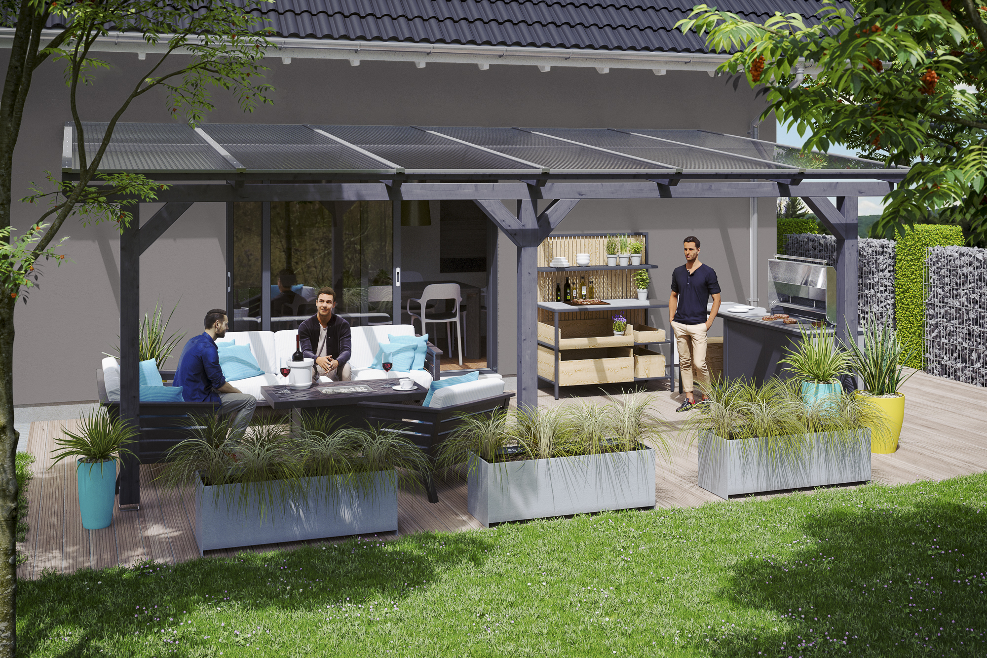 Ambientebild: Terrassenüberdachung Bormio, Breite 648cm, farblich behandelt in schiefergrau