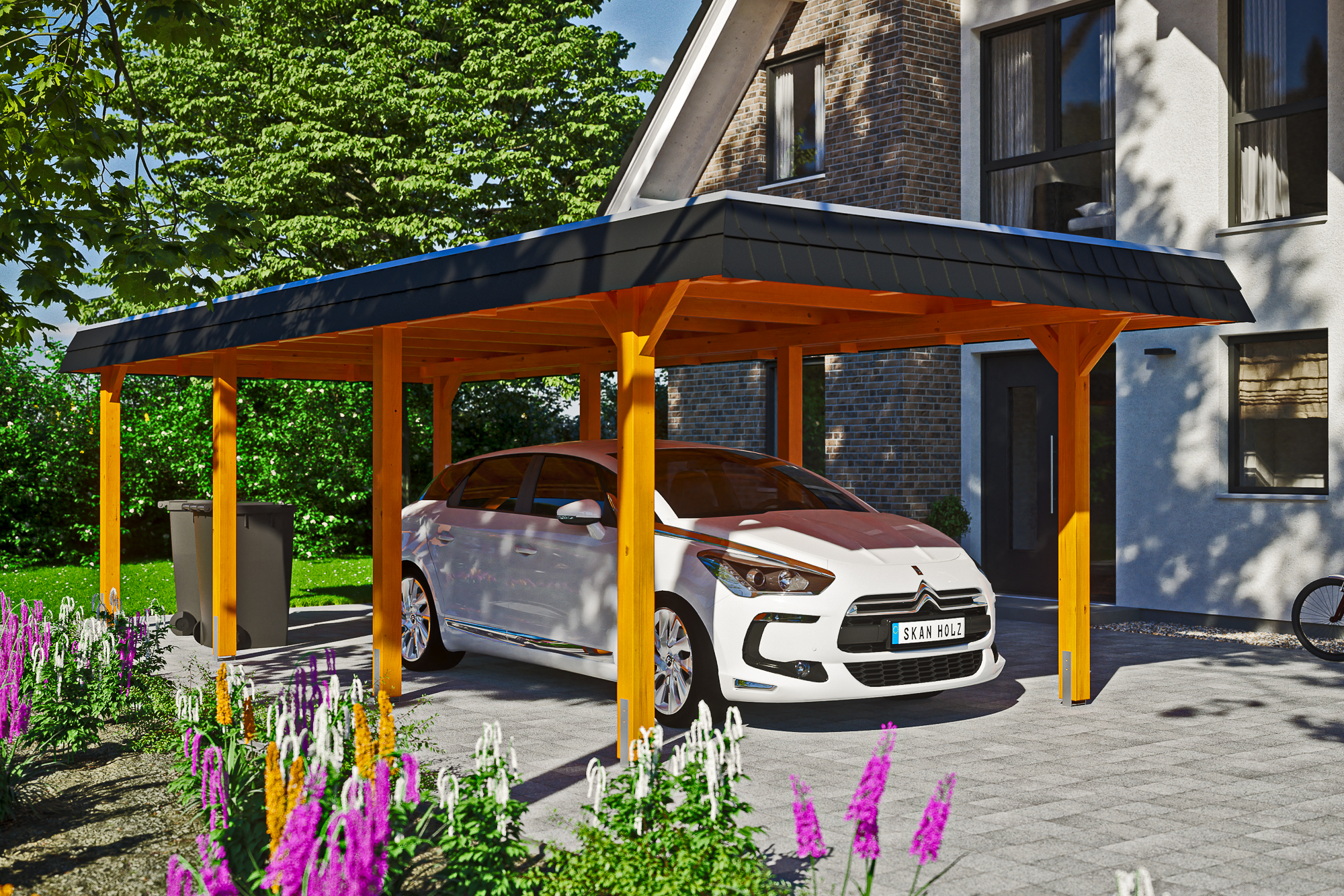 Ambientebild: Carport Wendland 362 x 870 cm, mit schwarzer Blende, farblich behandelt in eiche hell