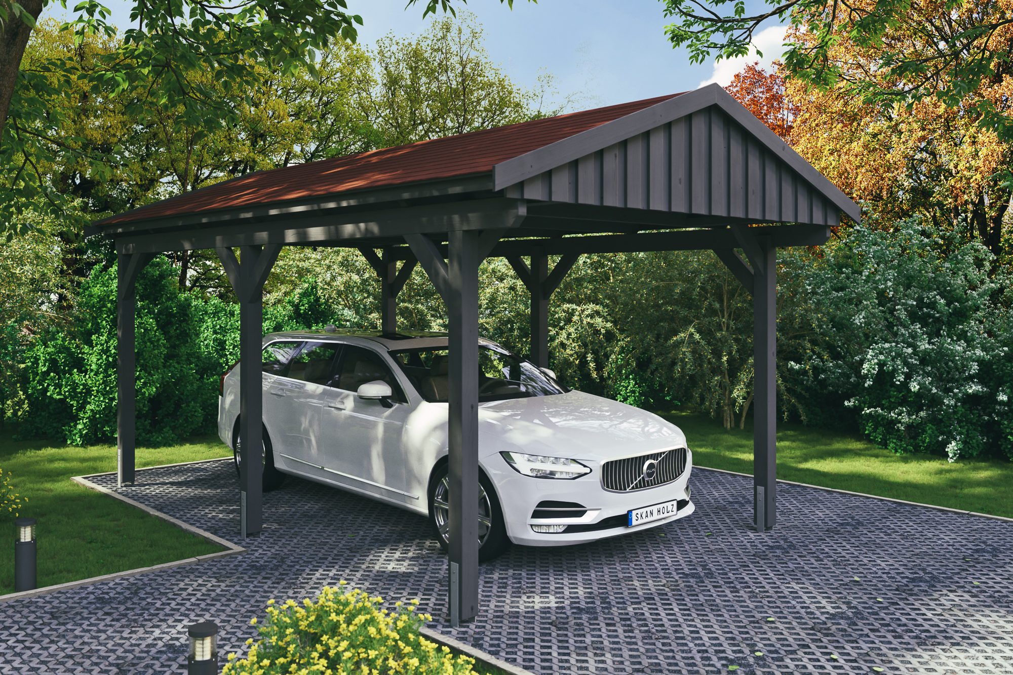 Ambientebild: Carport Fichtelberg 317 x 566 cm, farblich behandelt in schiefergrau, mit roten Dachschindeln