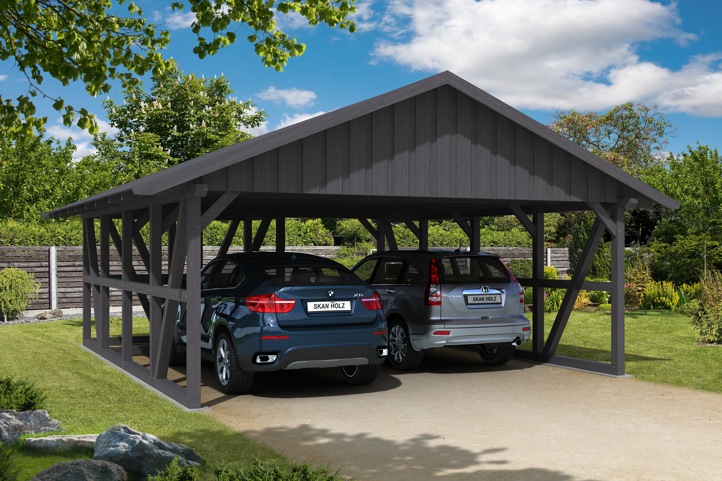 Carport Schwarzwald 684 x 772 cm with storage room 1, colour pre-treated slate-grey