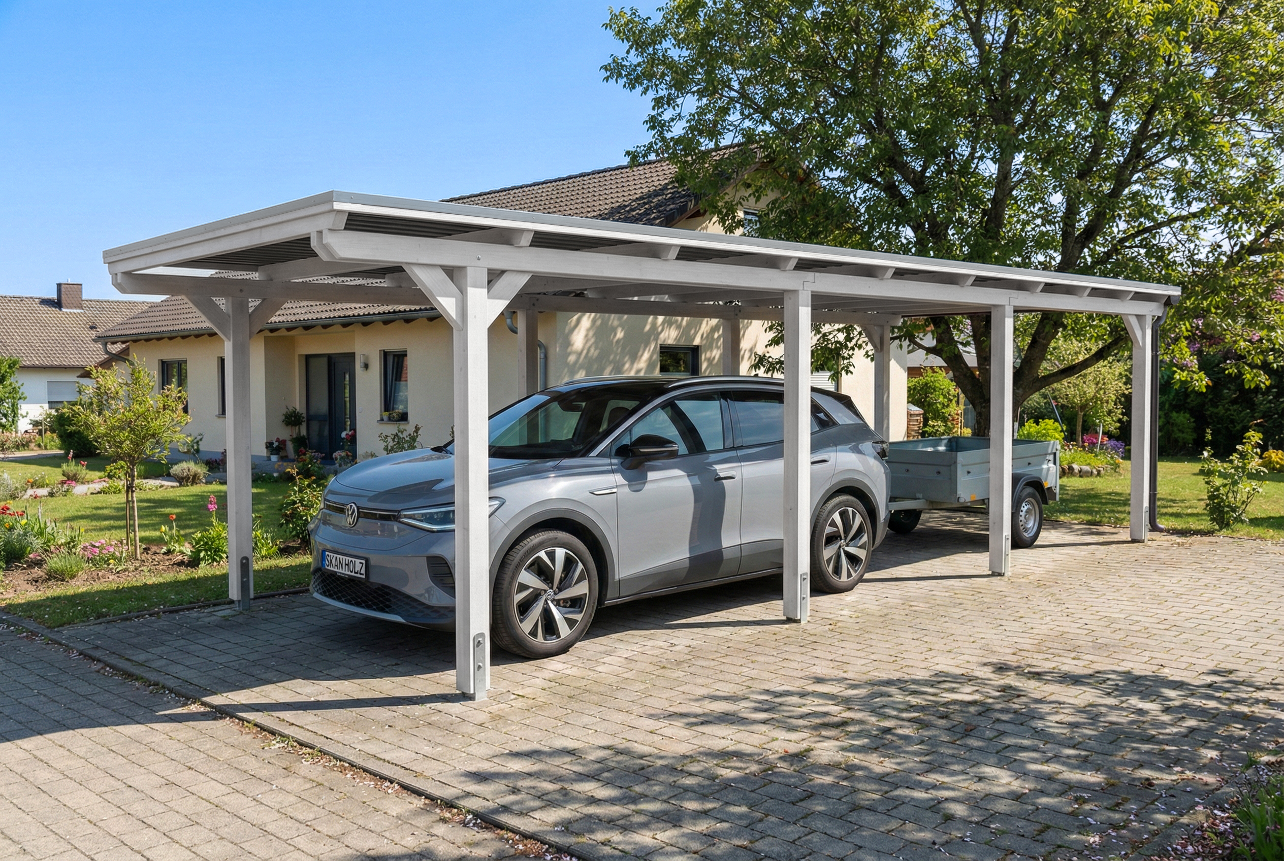 Carport Emsland 340 x 846 cm, panneaux de toit en acier avec voile de condensation antique, blanc