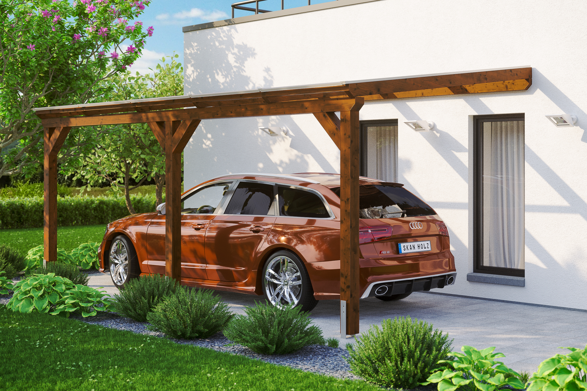 Ambientebild: Carport Vogtland 300 x 541 cm, farblich behandelt in nussbaum