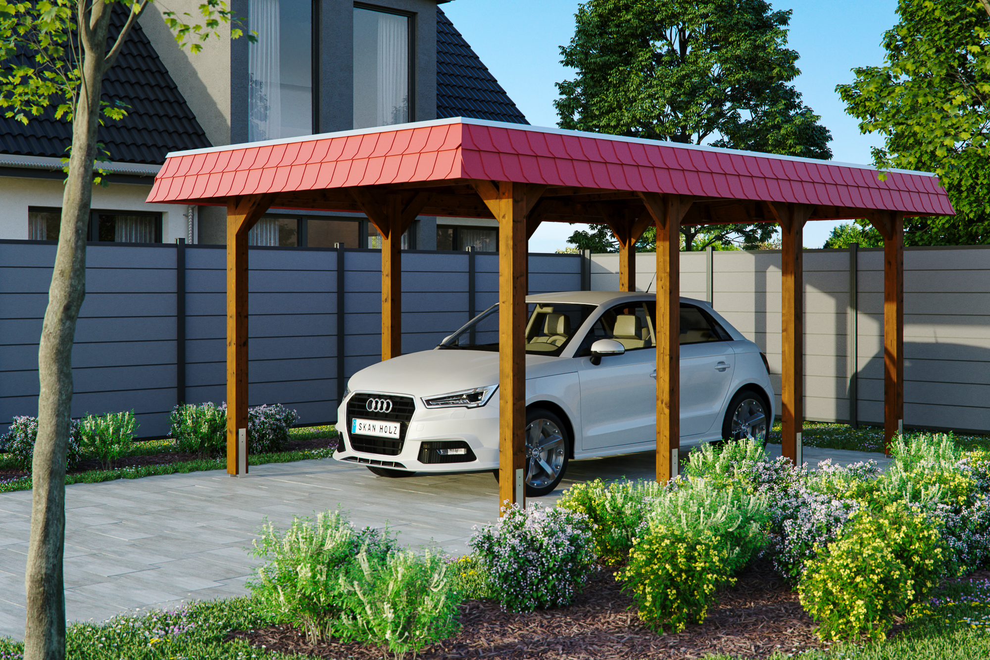 Ambientebild: Carport Spreewald 345 x 589 cm mit roter Blende, farblich behandelt in nussbaum