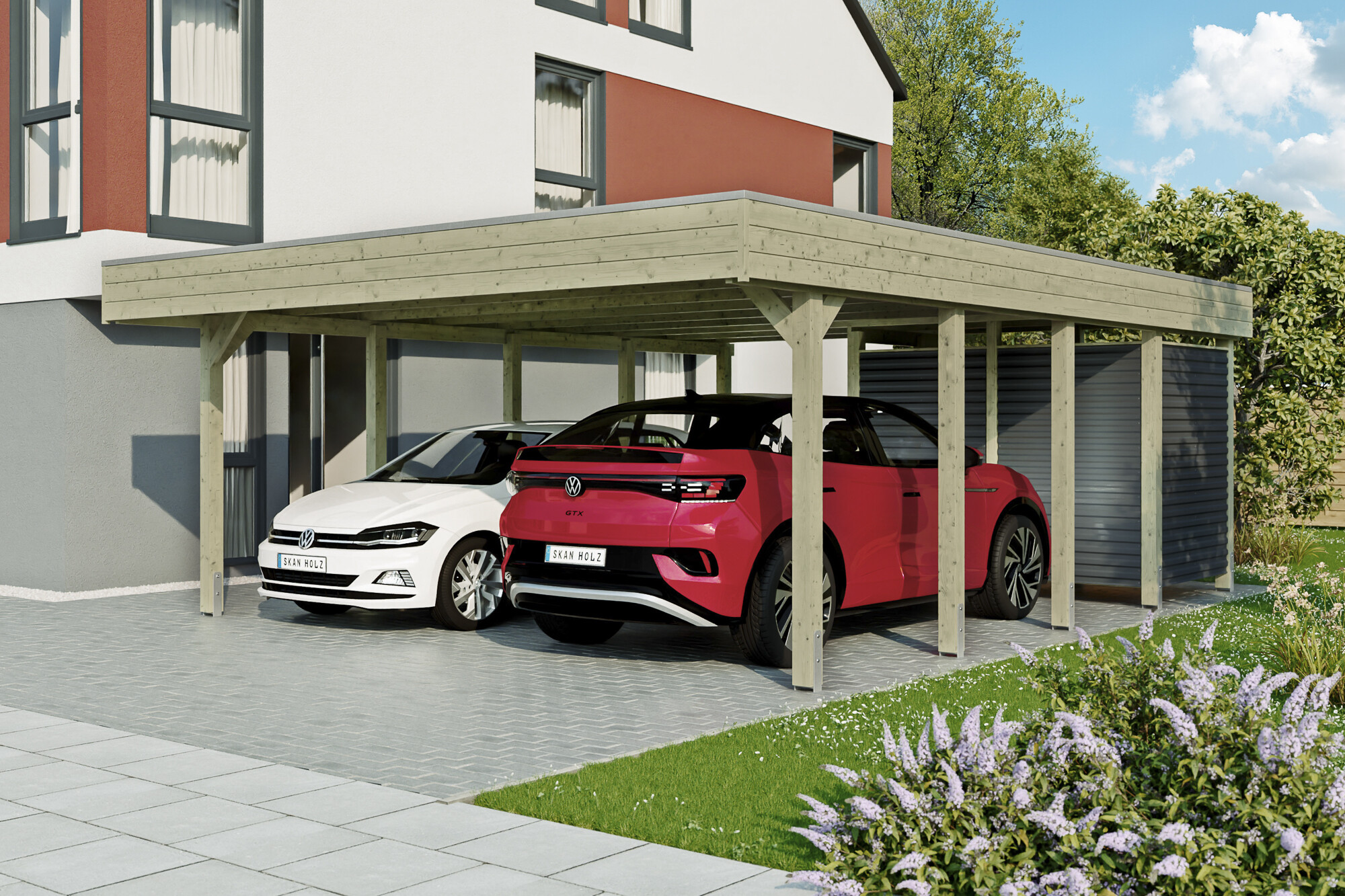 Carport Friesland Hybrid Set 14, 557 x 708 cm, met bergruimte, groen geïmpregneerd, met Aluminium dakplaten