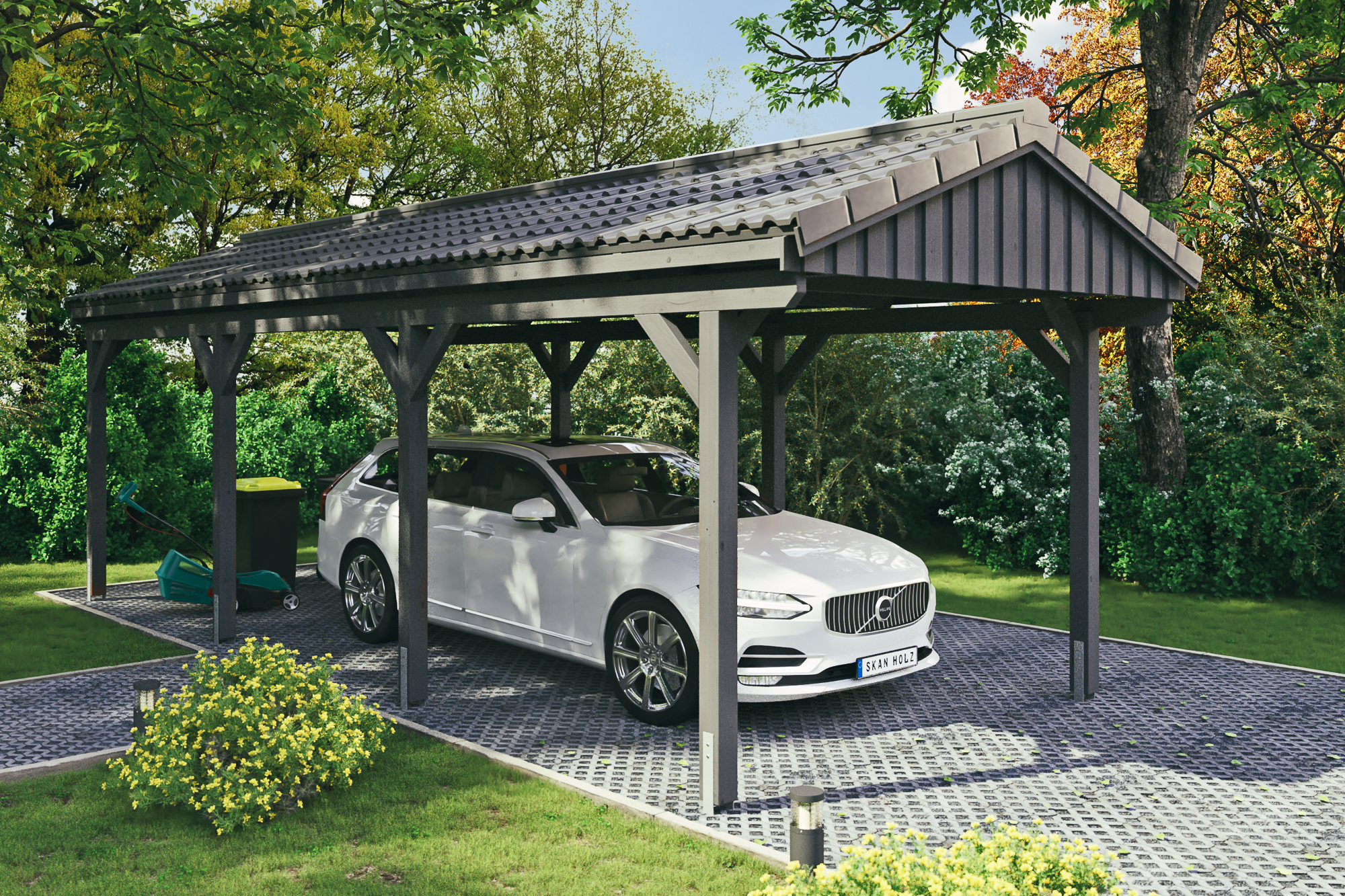 Ambientebild: Carport Fichtelberg 317 x 808 cm, farblich behandelt in schiefergrau, mit Dachziegeln