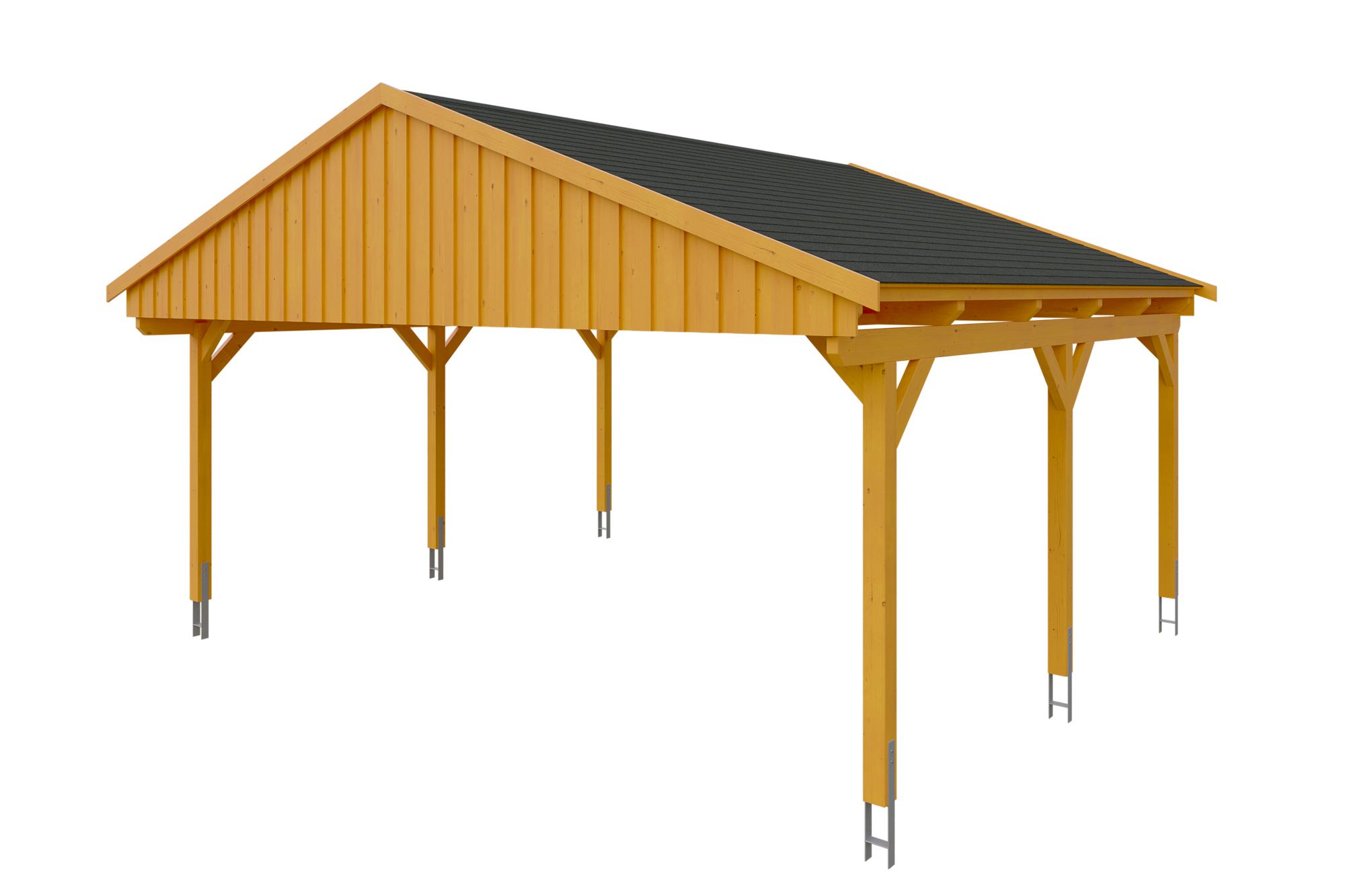 Carport Fichtelberg 618 x 566 cm, zwarte dakshingels, gelakt in licht eiken