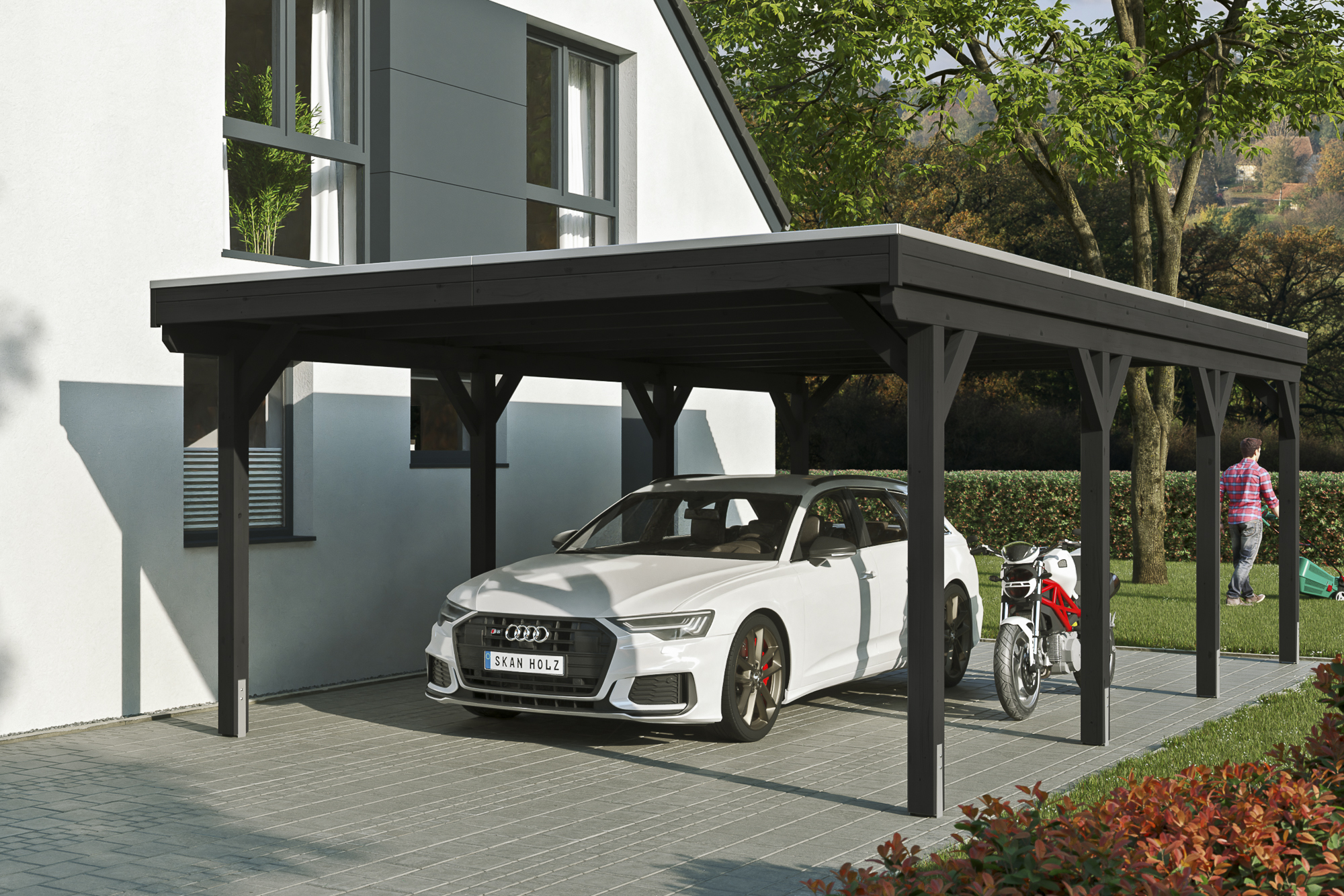 Ambientebild: Carport Grunewald 427 x 796 cm, farblich behandelt in anthrazit