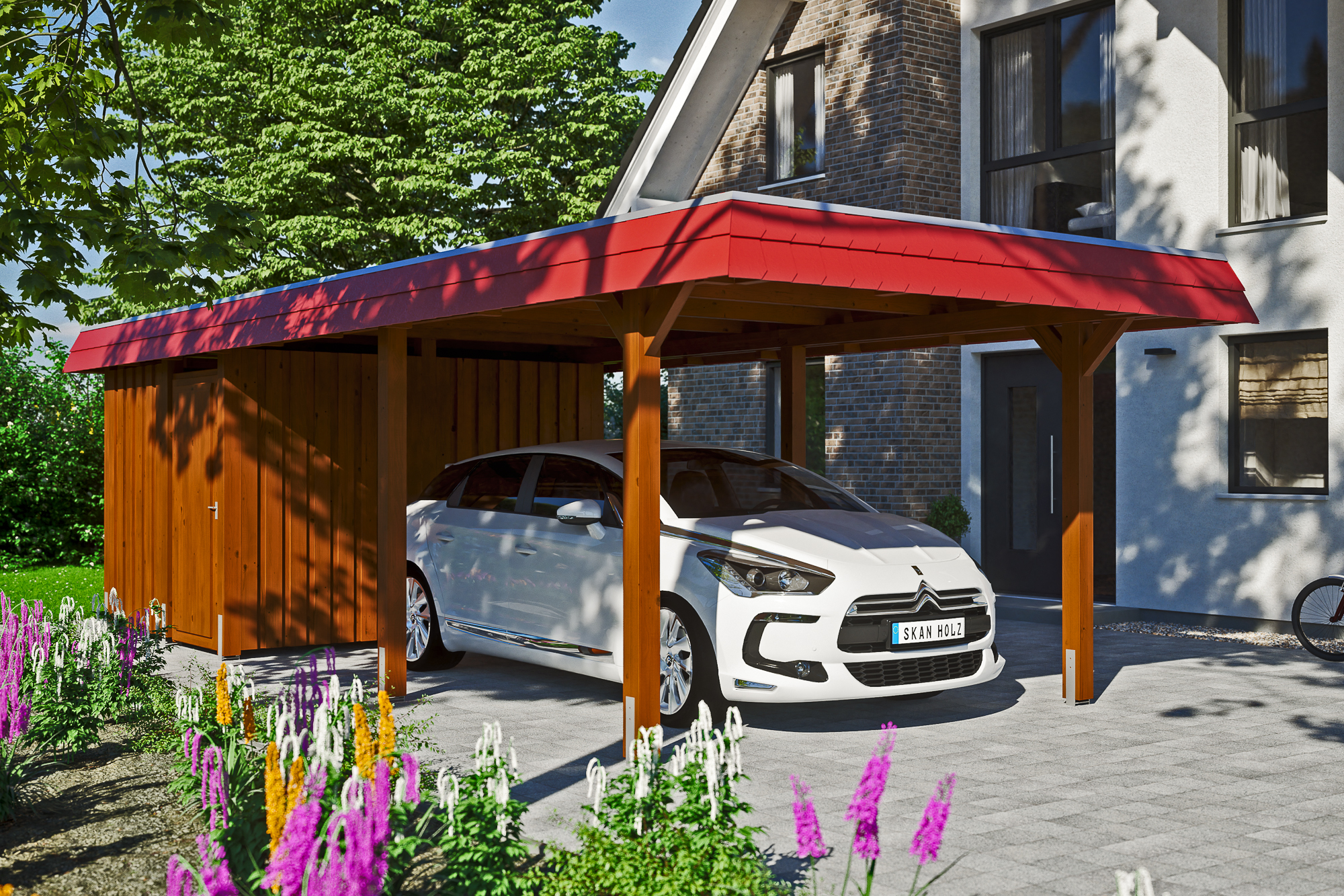 Ambientebild: Carport Wendland 362 x 870 cm, mit Abstellraum, mit roter Blende, farblich behandelt in nussbaum