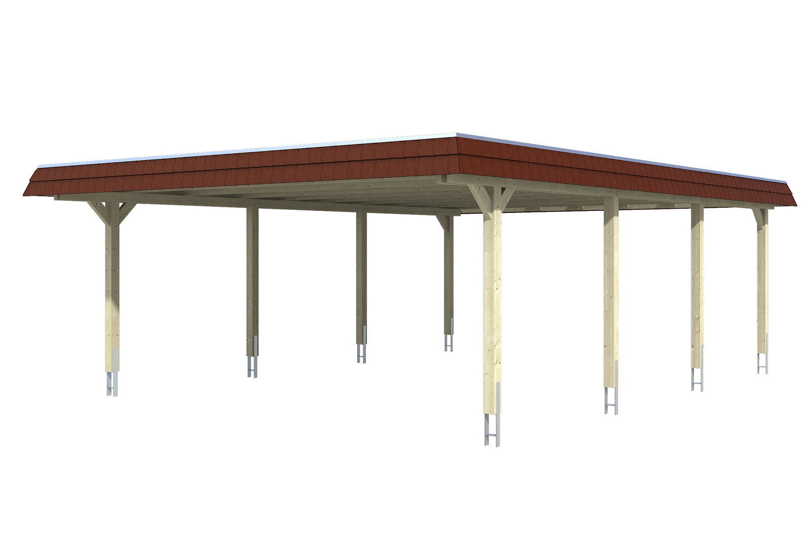 Carport WENDLAND 630x879cm, toit en aluminium, bandeau rouge, bois lamellé-collé, non traité