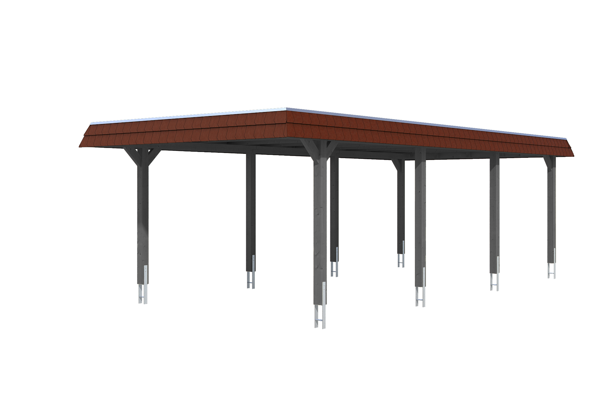 Produktbild: Carport Wendland 409 x 870 cm, mit roter Blende, farblich behandelt in schiefergrau