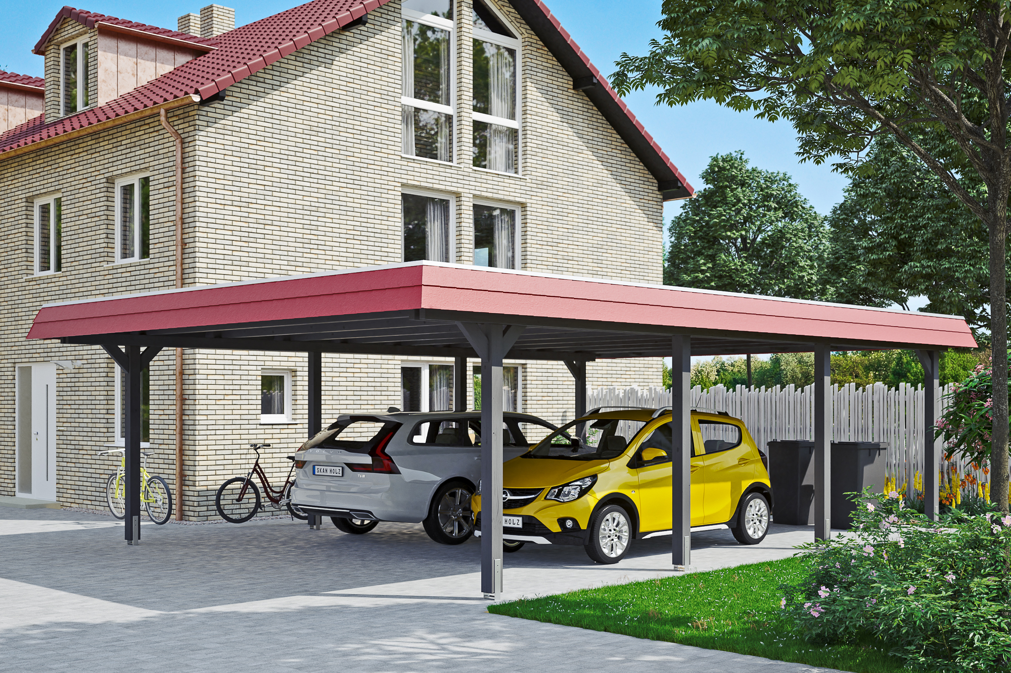 Ambientebild: Carport Wendland 630 x 879 cm, mit roter Blende, farblich behandelt in schiefergrau