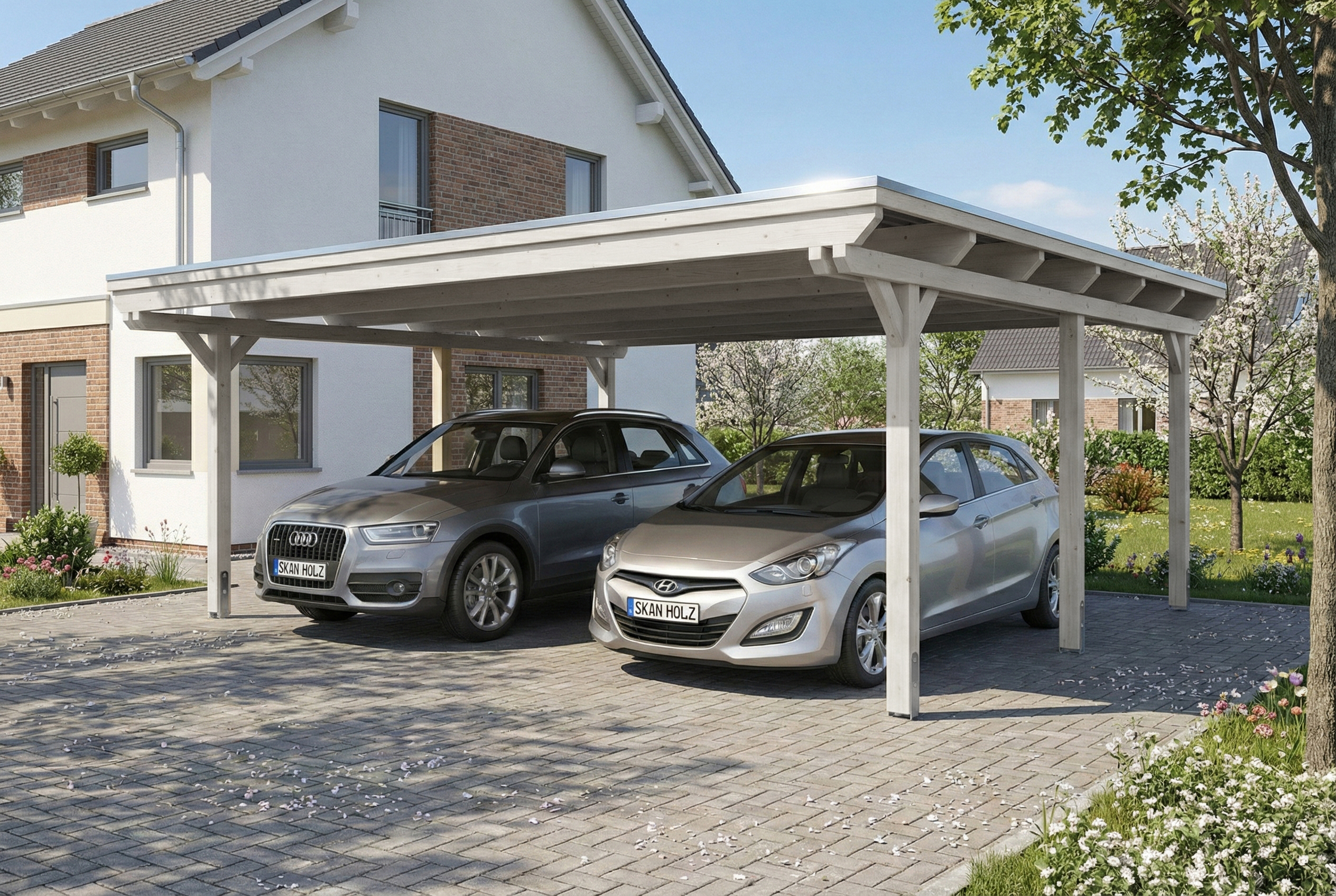 Carport Emsland 609 x 604 cm, Stahl-Dachplatten mit Antikondensvlies, weiß
