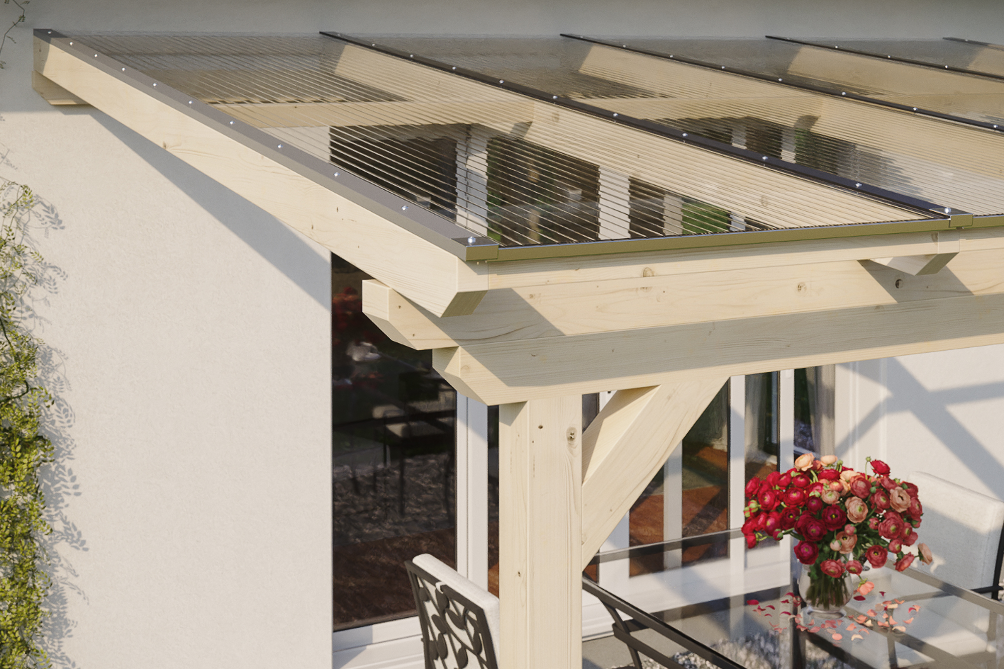 Detailbild einer Terrassenüberdachung Ancona mit Blick seitlich auf das Dach