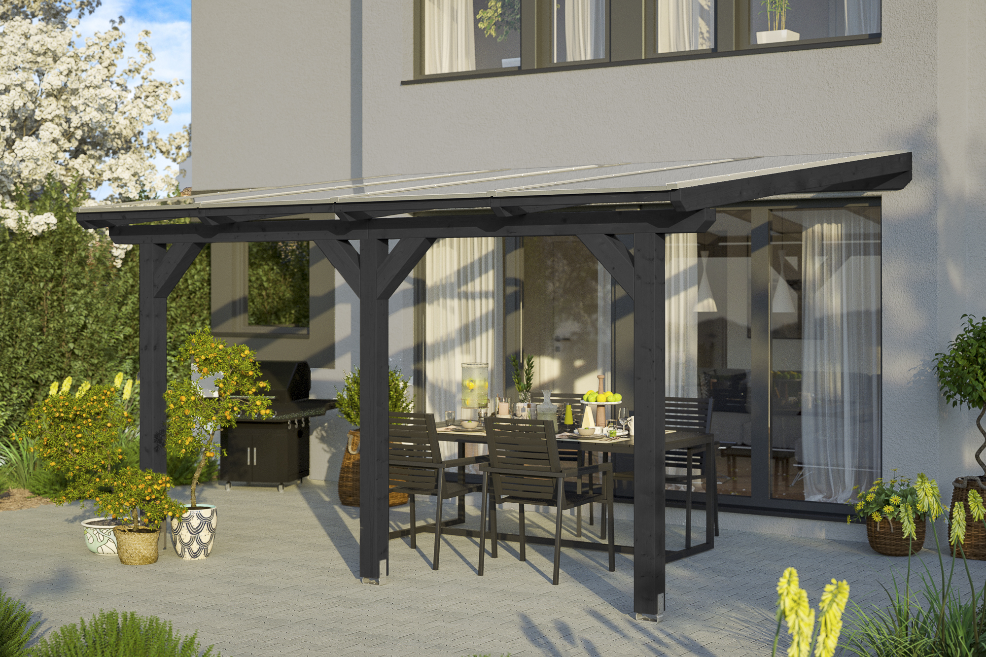Ambientebild: Terrassenüberdachung Bormio, Breite 434cm, farblich behandelt in anthrazit