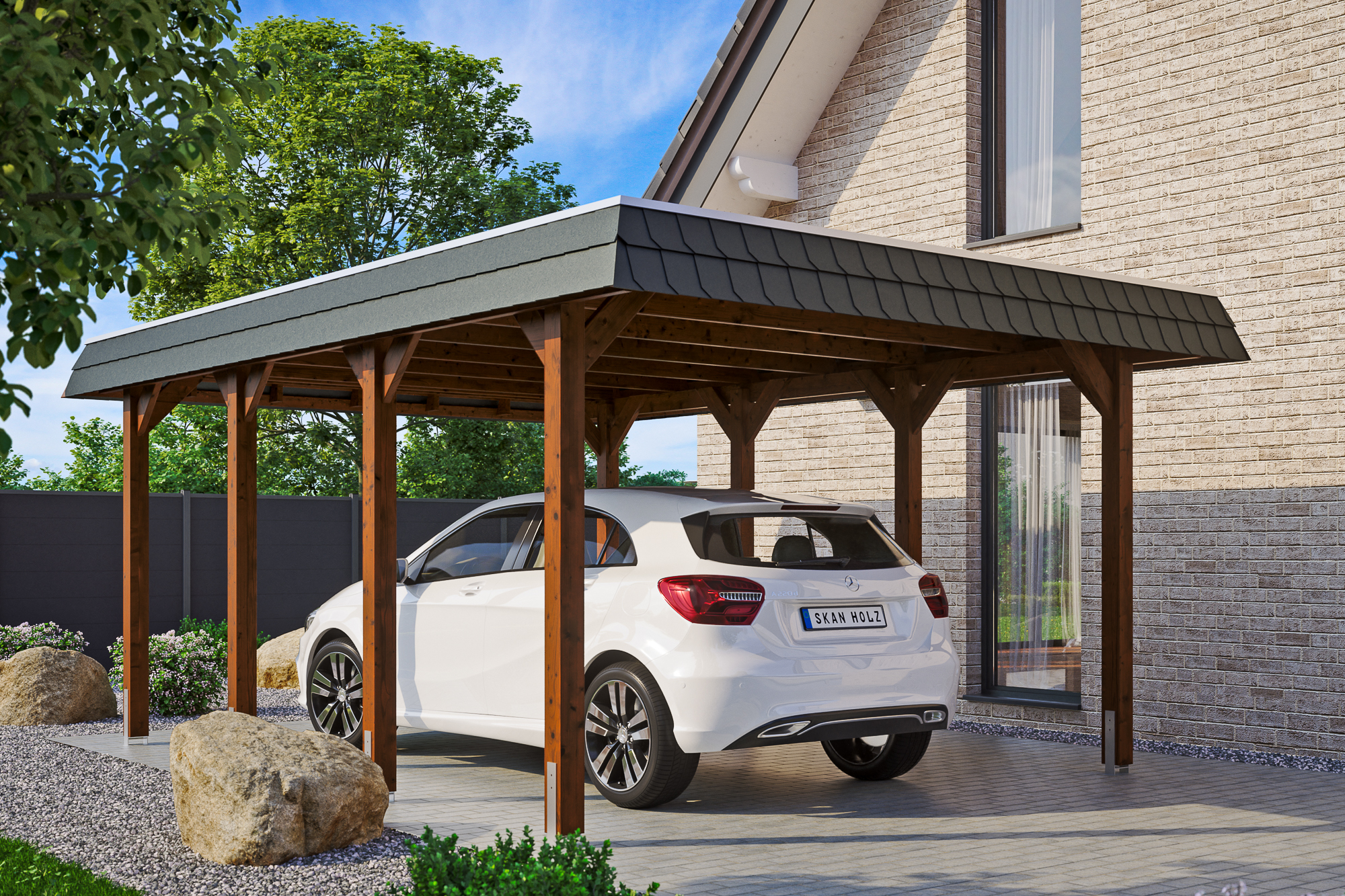 Ambientebild: Carport Spreewald 396 x 589 cm mit schwarzer Blende, farblich behandelt in nussbaum