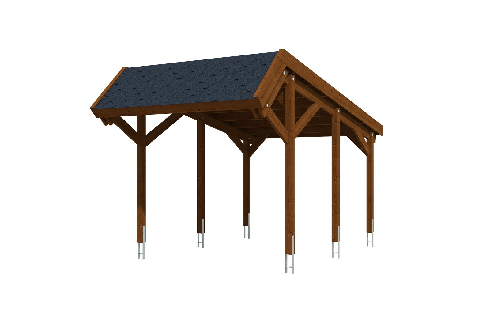 Carport Harz 321 x 560 cm, inclusief zwarte dakshingels, gelakt in noten, met dakbetimmering