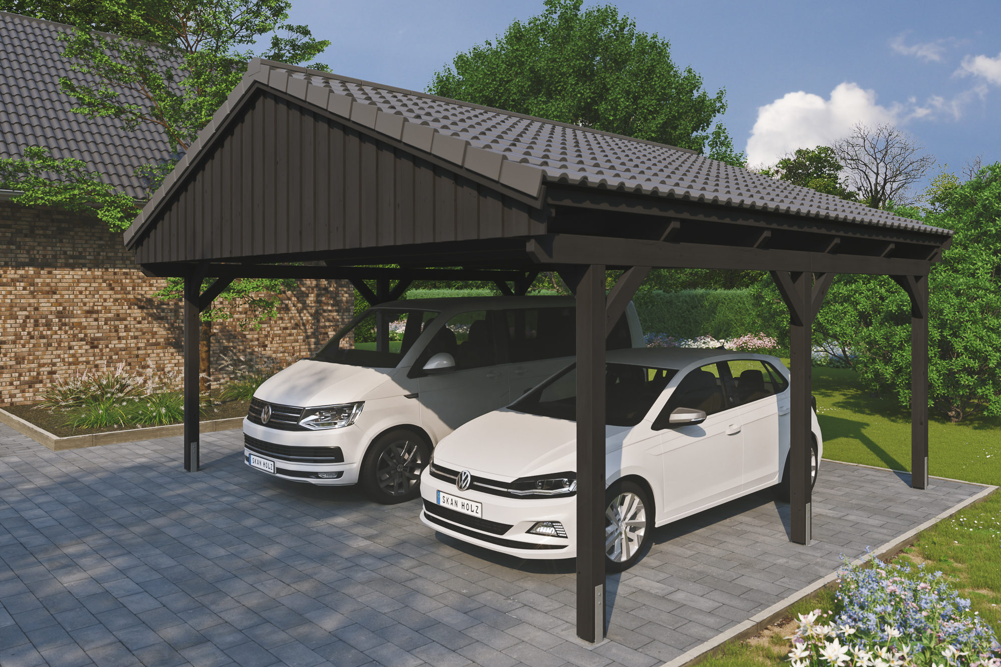 Ambientebild: Carport Fichtelberg 618 x 566 cm, farblich behandelt in anthrazit, mit Dachziegeln