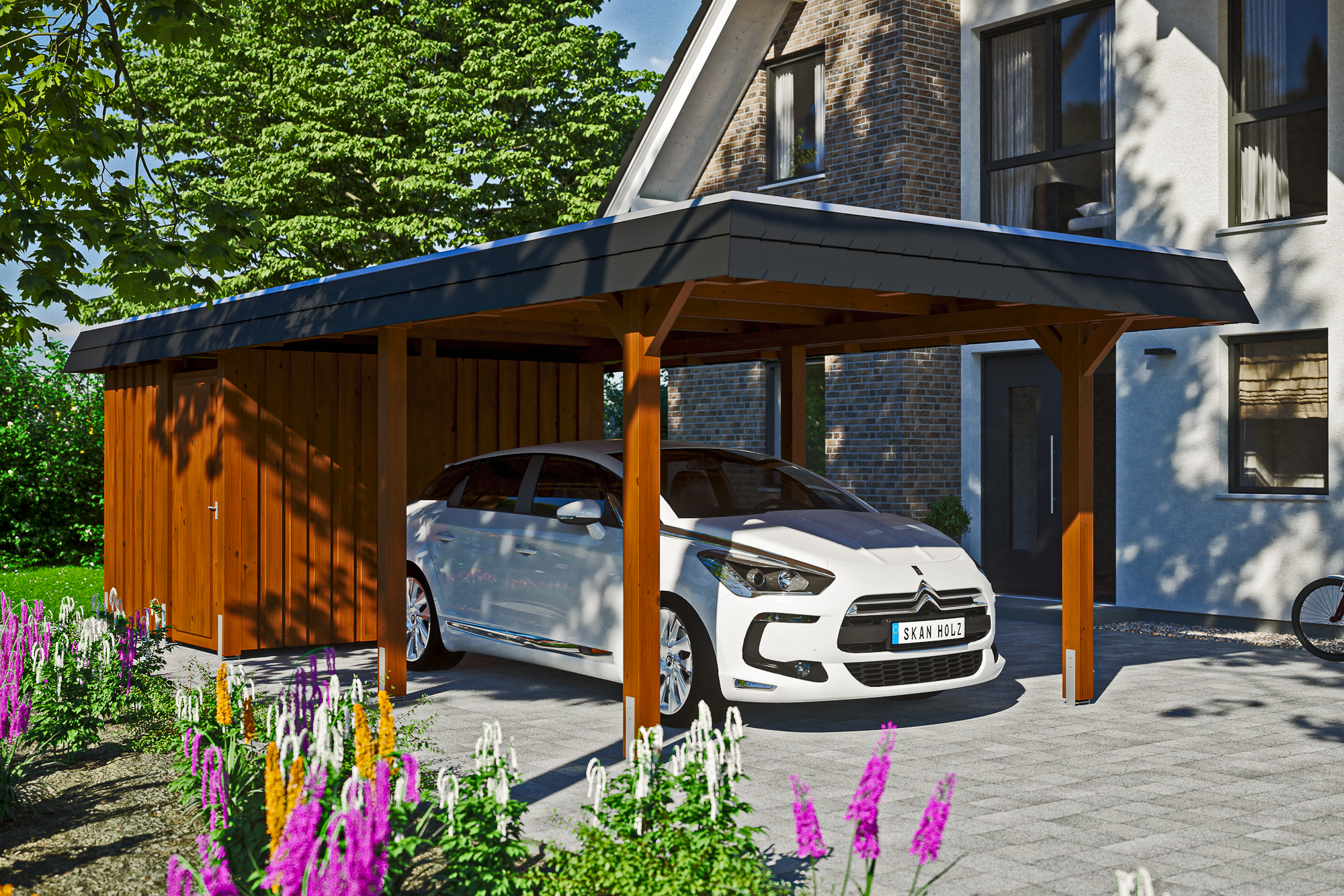 Ambientebild: Carport Wendland 362 x 870 cm, mit Abstellraum, mit schwarzer Blende, farblich behandelt in nussbaum