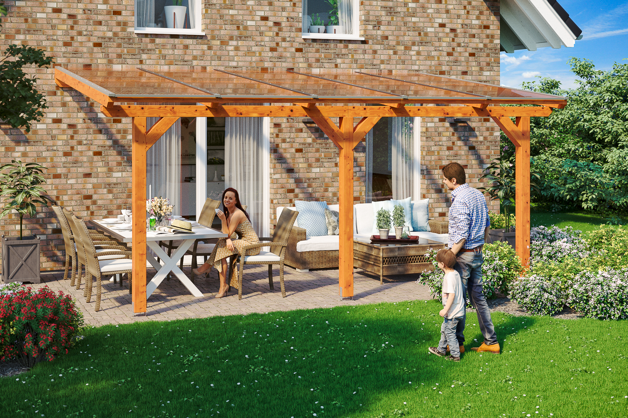 Terrasoverkapping Andria 541 x 350 cm, gelamineerd hout, gelakt in licht eiken