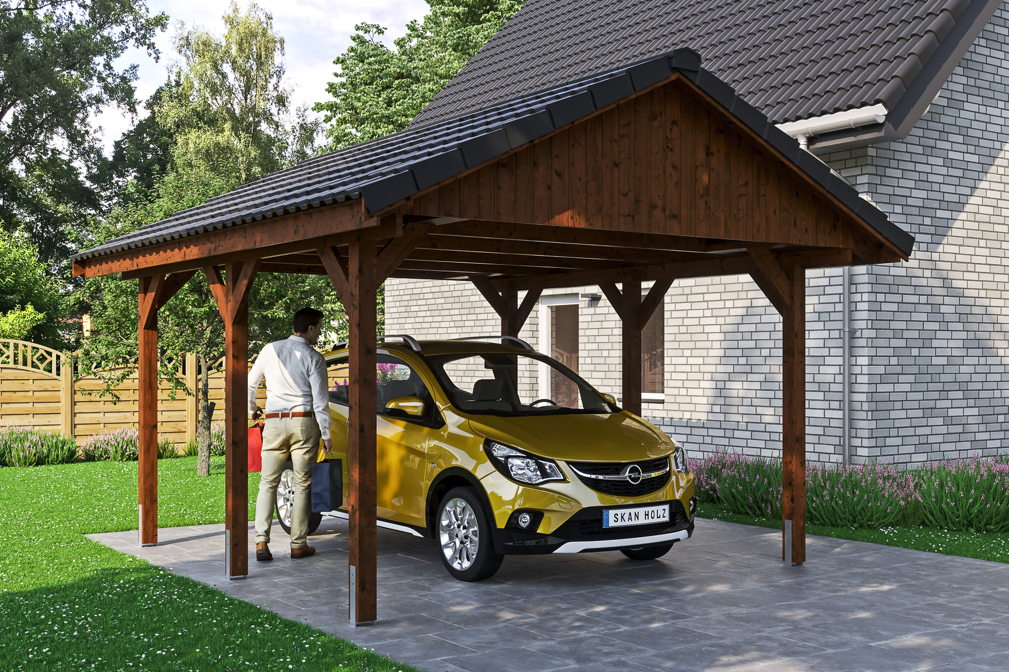 Ambientebild: Carport Wallgau 430 x 500 cm, mit Dachziegeln, farblich behandelt in nussbaum