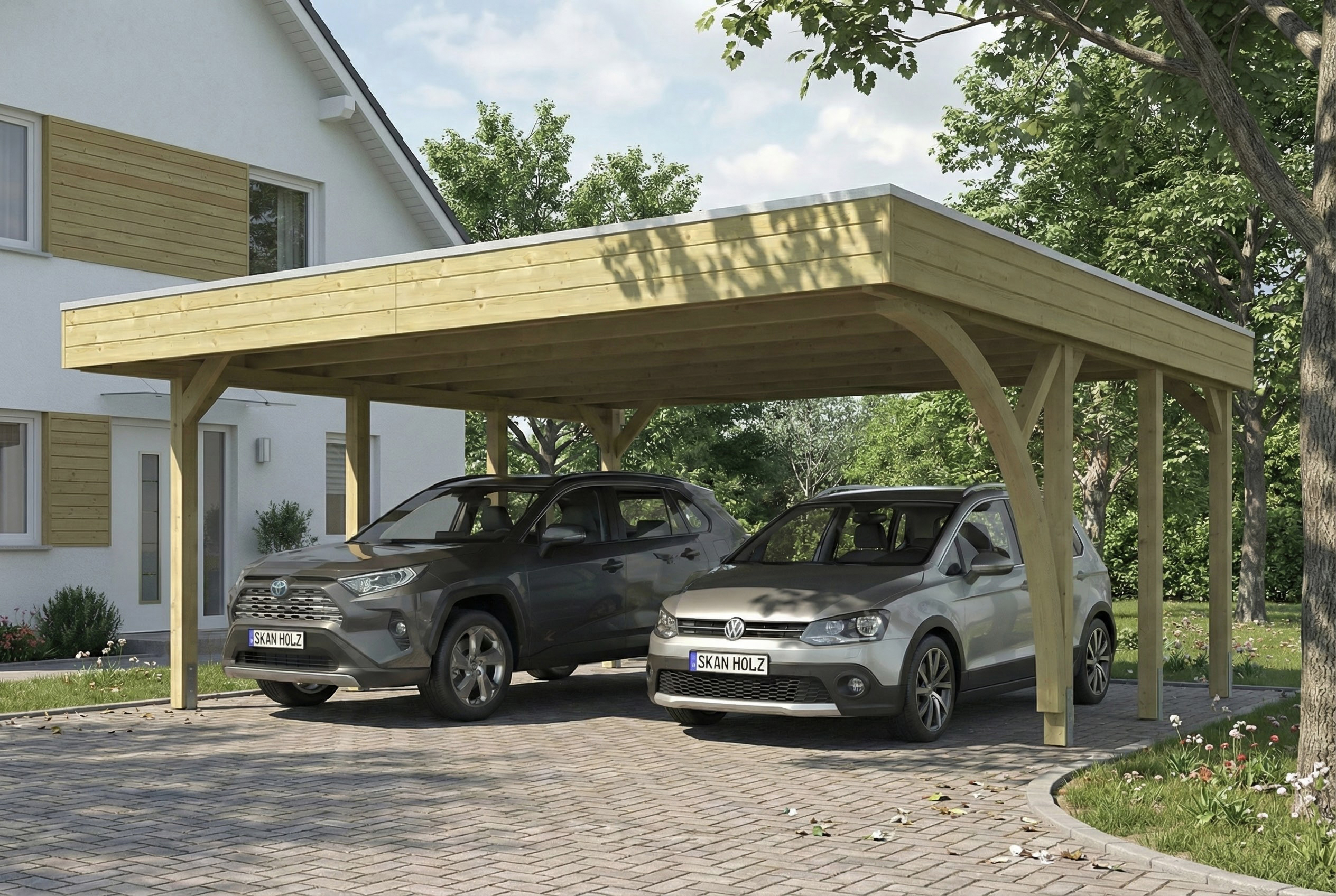 Carport Friesland Set G, 546 x 555 cm, mit einem Einfahrtsbogen, grün imprägniert