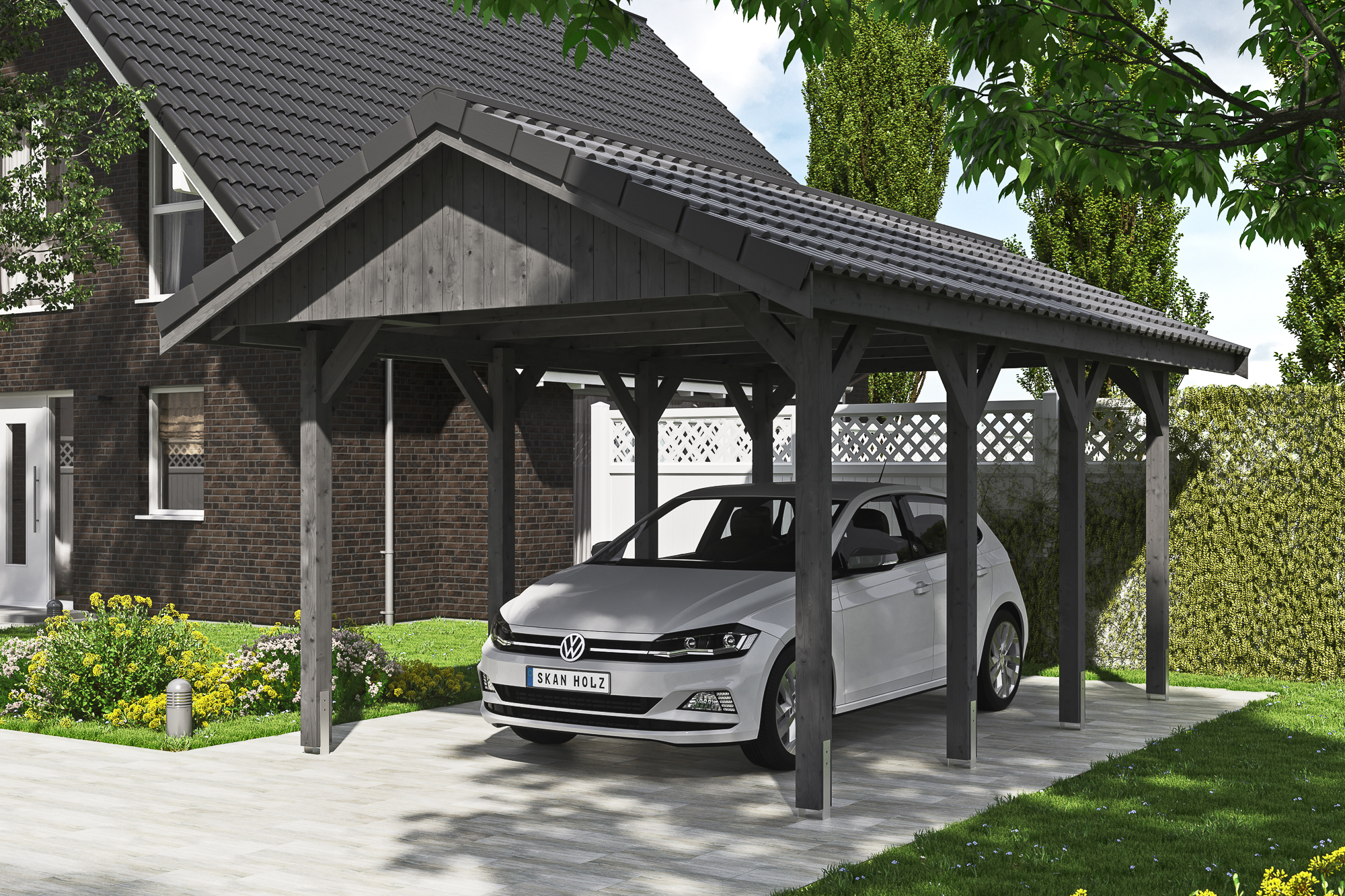 Ambientebild: Carport Wallgau 380 x 600 cm, mit Dachziegeln, farblich behandelt in schiefergrau