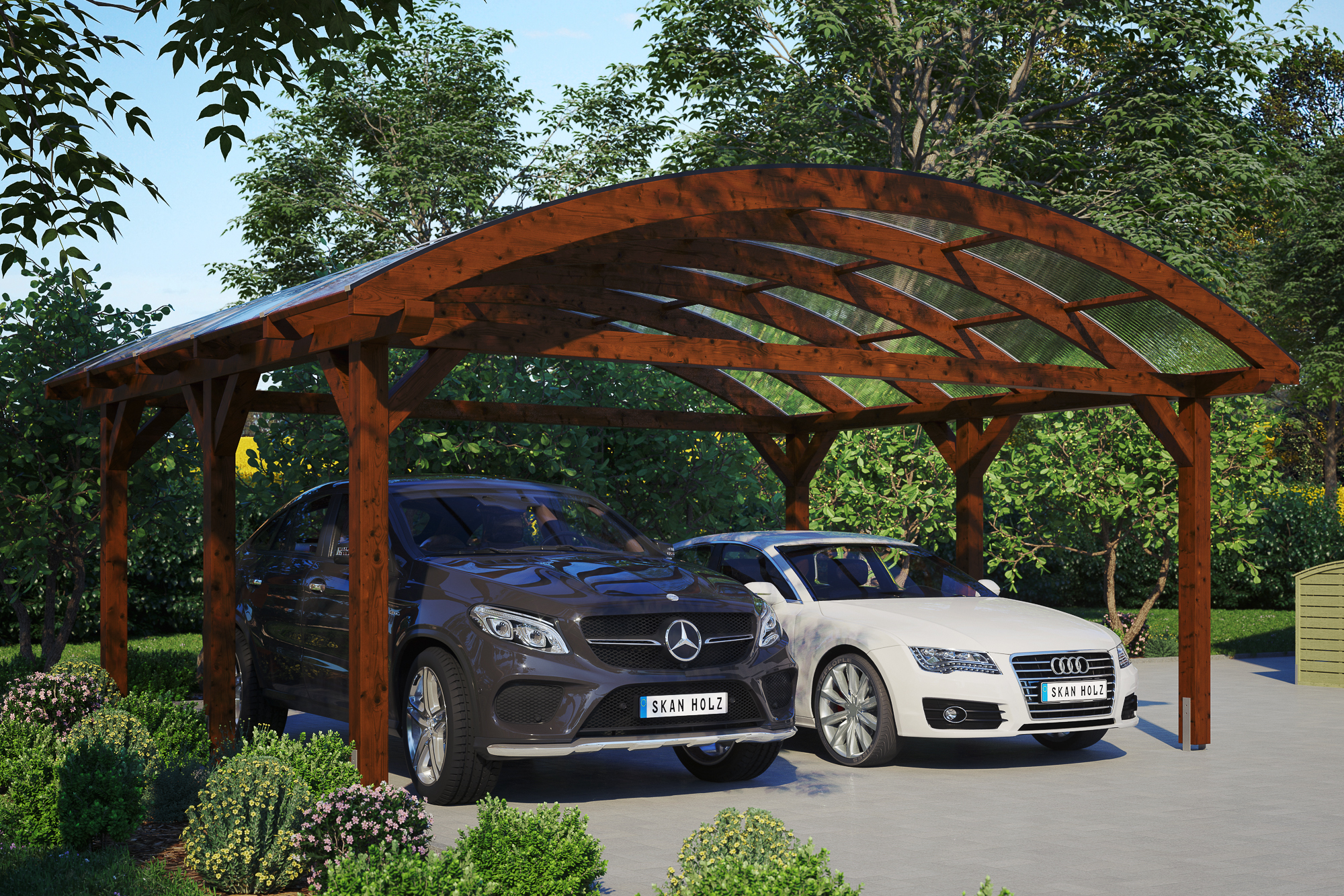 Ambientebild: Carport Franken 635 x 541 cm, farblich behandelt in nussbaum