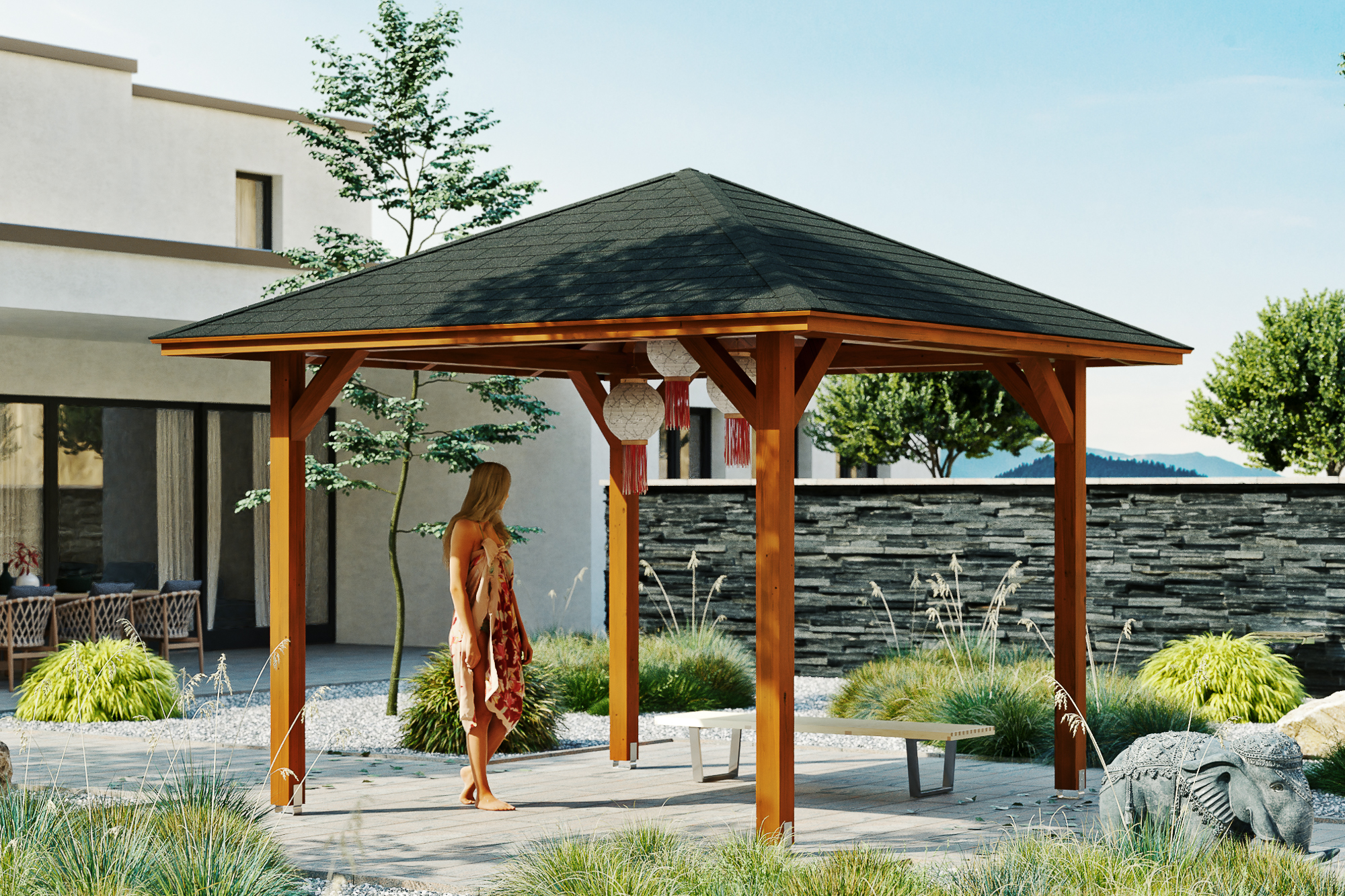 Gazebo Cannes 1, glulam, pre-treated walnut